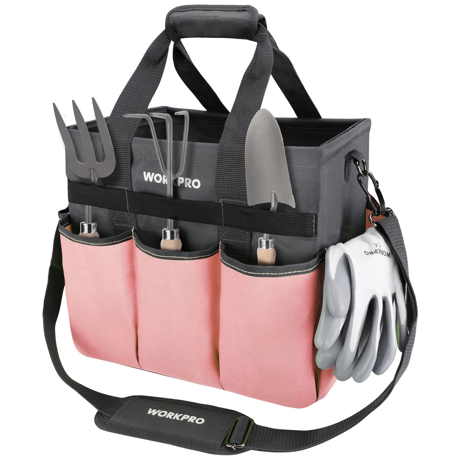 WORKPRO Garden Tool Bag, 10 Pockets and Shoulder 13 x 10 x 12 inches, Pink
