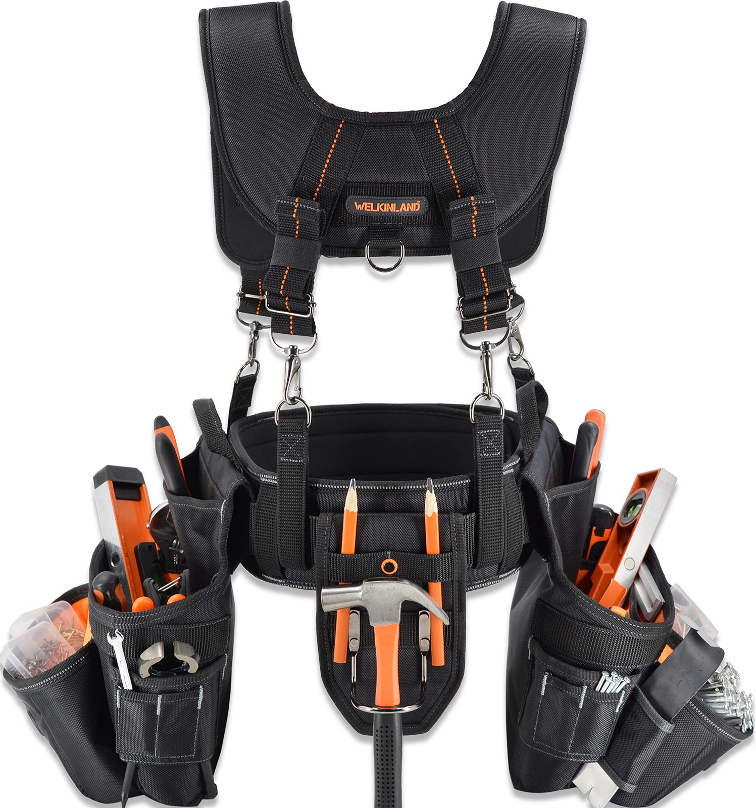 WELKINLAND 39Pockets Tool belts for men with One Size, Black W/ Orange