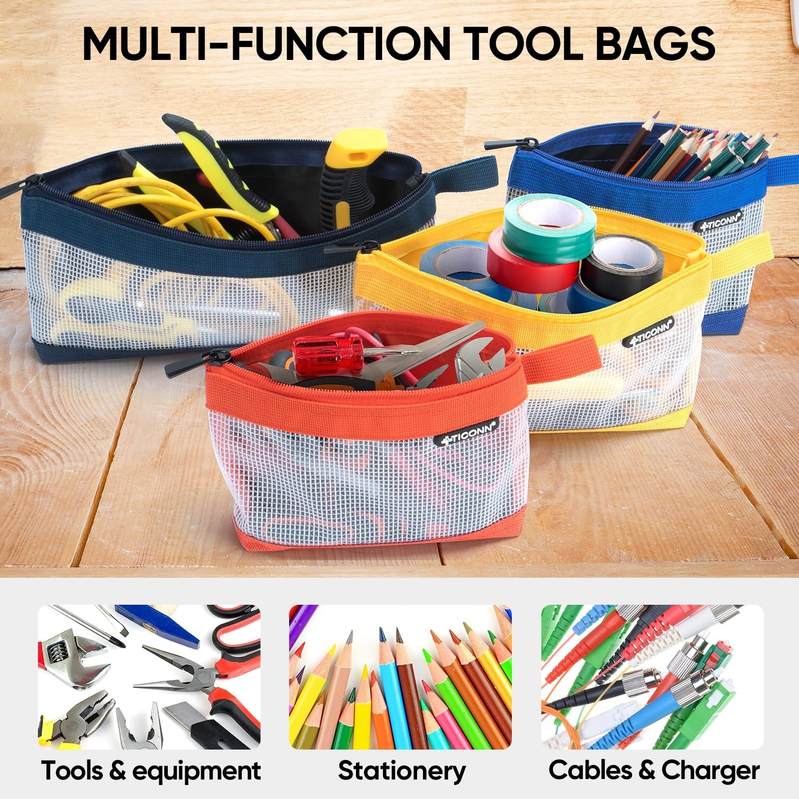 Small Tool Pouch Set, 1680D Oxford Zipper Bags, Clear Utility Organizers (9PK)