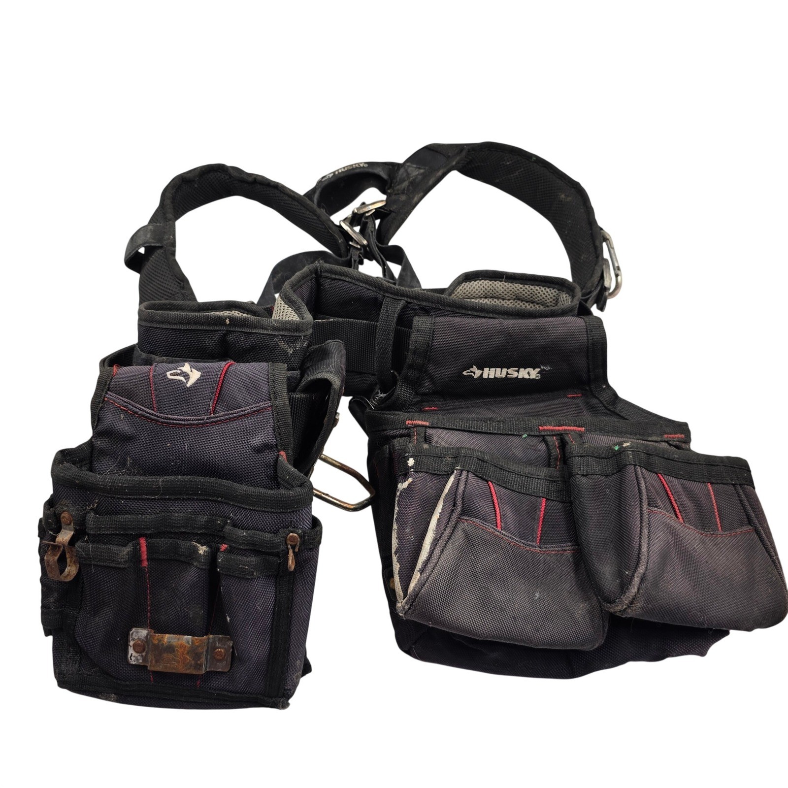Husky Black Padded Tool Belt Suspenders Rig with Pouches and Hammer Loop T3