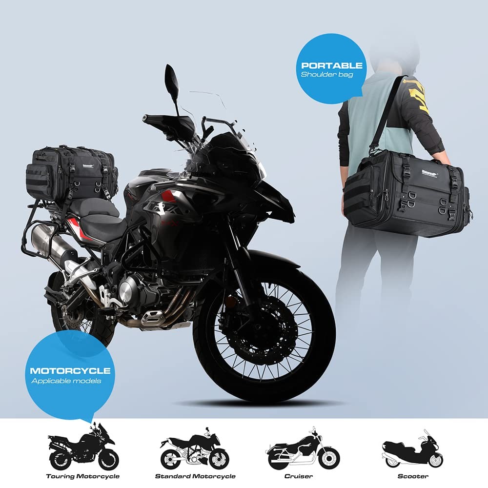 Motorcycle Tail Bag Expandable Motorcycle Travel Luggage 60L Waterproof All W…
