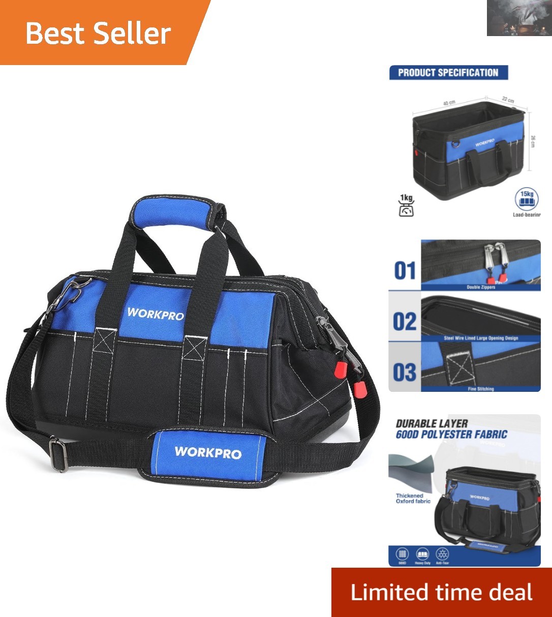 16-inch Wide Mouth Tool Bag – Waterproof & Multi-Pocket Design