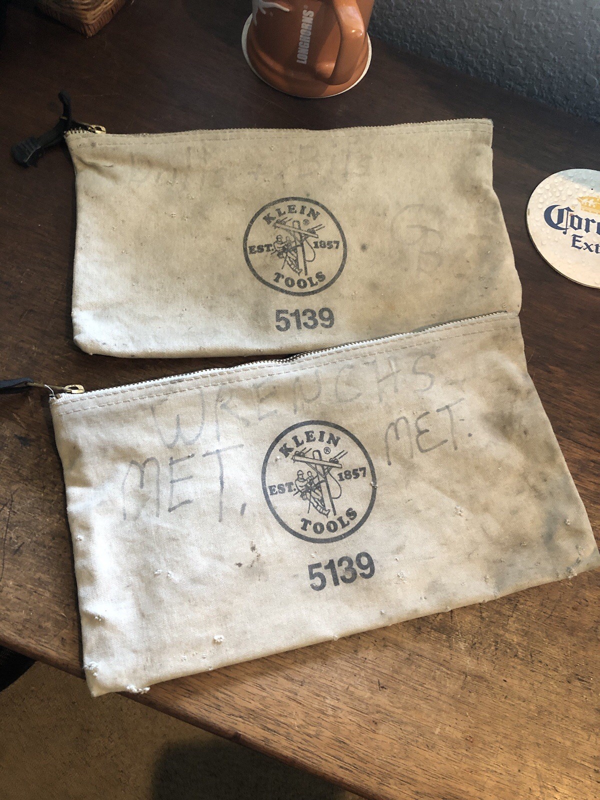 2 Vintage Klein Tools 5139 Small Canvas Zipper Tool Pouch Beige 11x7x2 inch USA
