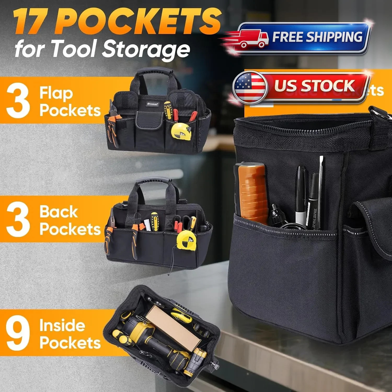 12 Inch Small Tool Bag, Open Top Tool Tote with Stainless Steel Handle and Ad…