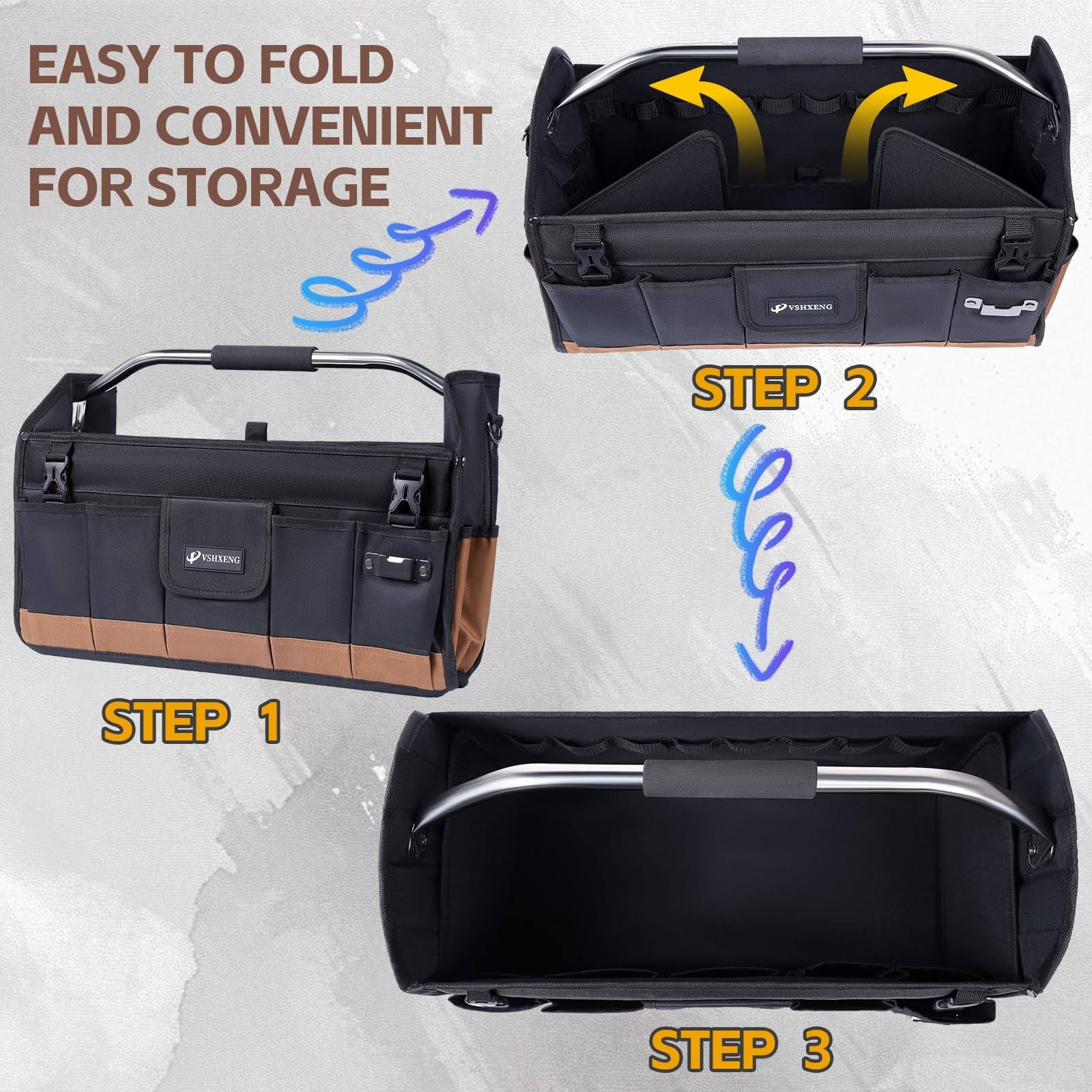 20 Inch Tool Bag Foldable 19 Pockets Organizer Open Top Tote Shoulder Strap