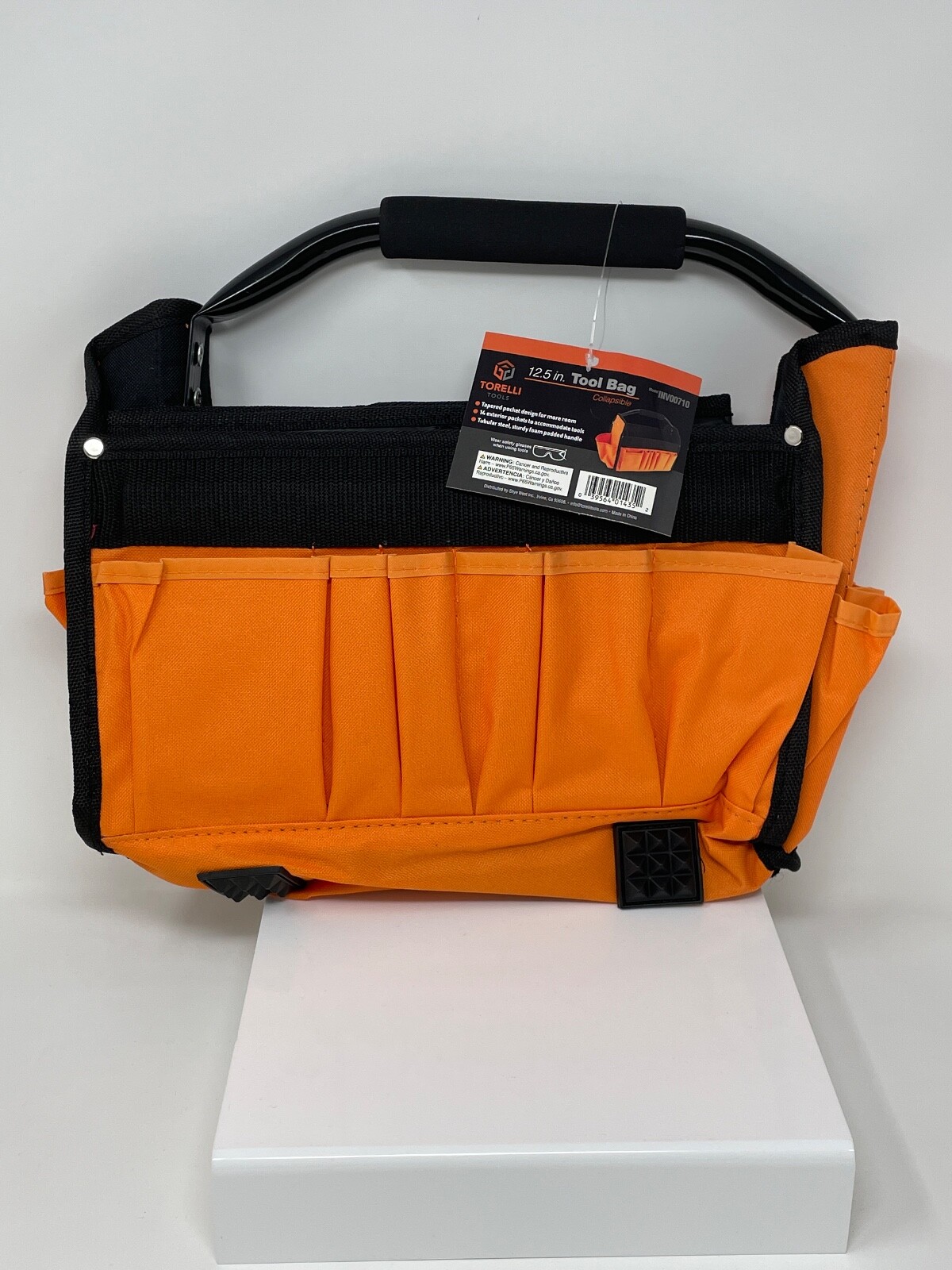 Collapsible Tool Bag, Exterior Pockets, Foam Padded Handle, Orange Torelli Tools