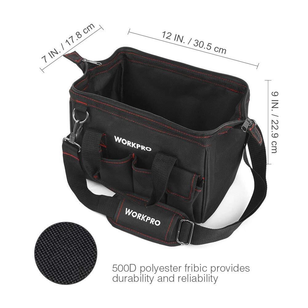 Workpro 12″ Compact Close Top Wide Mouth Storage Tool Bags 500D Polyester Fabric