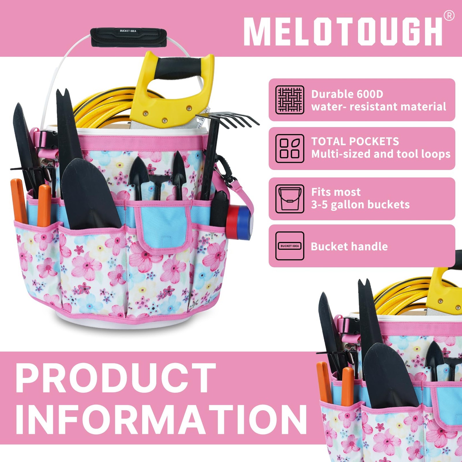 MELOTOUGH Bucket Caddy Organizer Tool for Garden Tools Fit 3.5 to 5 Gallon Pink