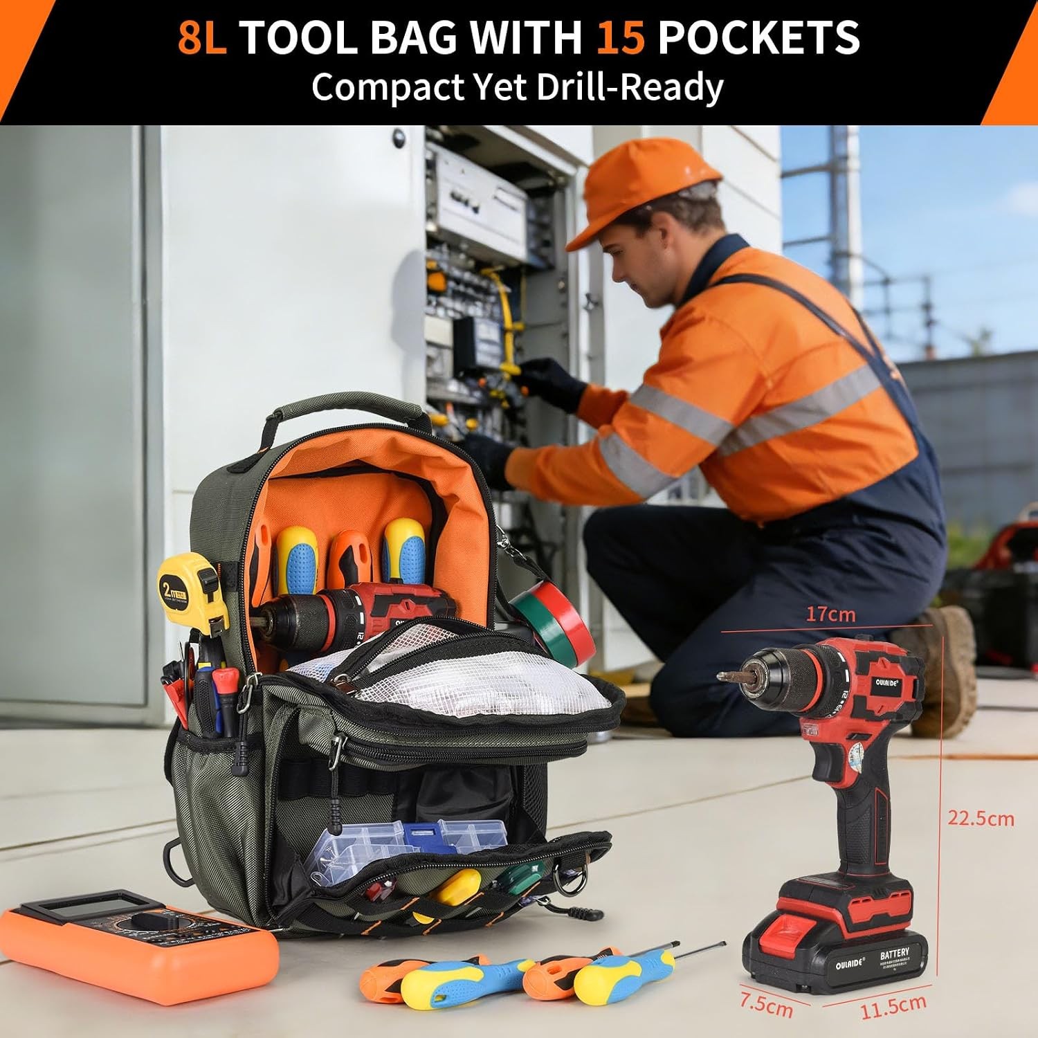 Tactical Electrician & HVAC Tool Chest Bag with 3-Point Harness, 15-Pocket 1680D