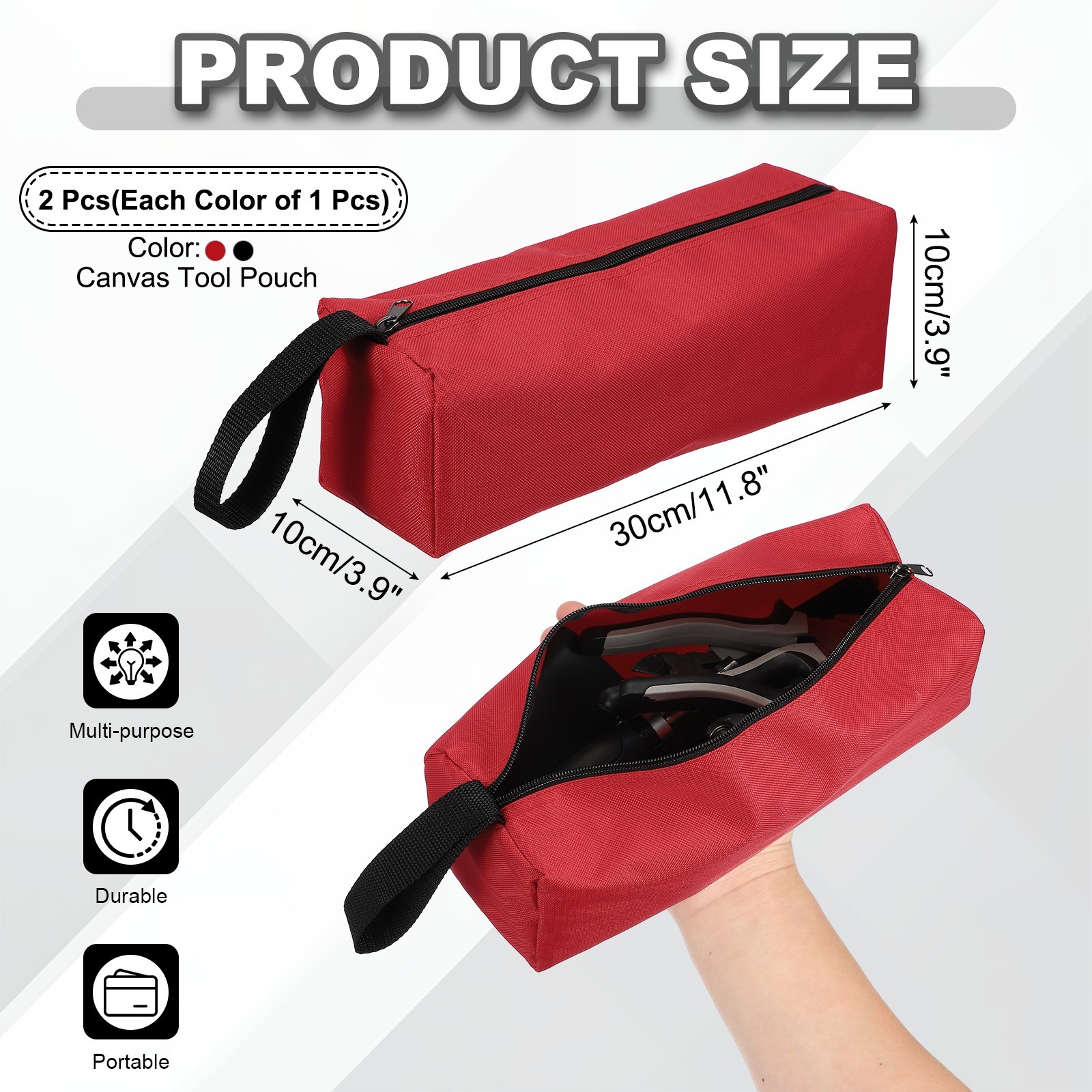 2 Pcs Black/Red Multi Purpose Zipper Canvas Tool Pouch, 11.8×3.9×3.9″