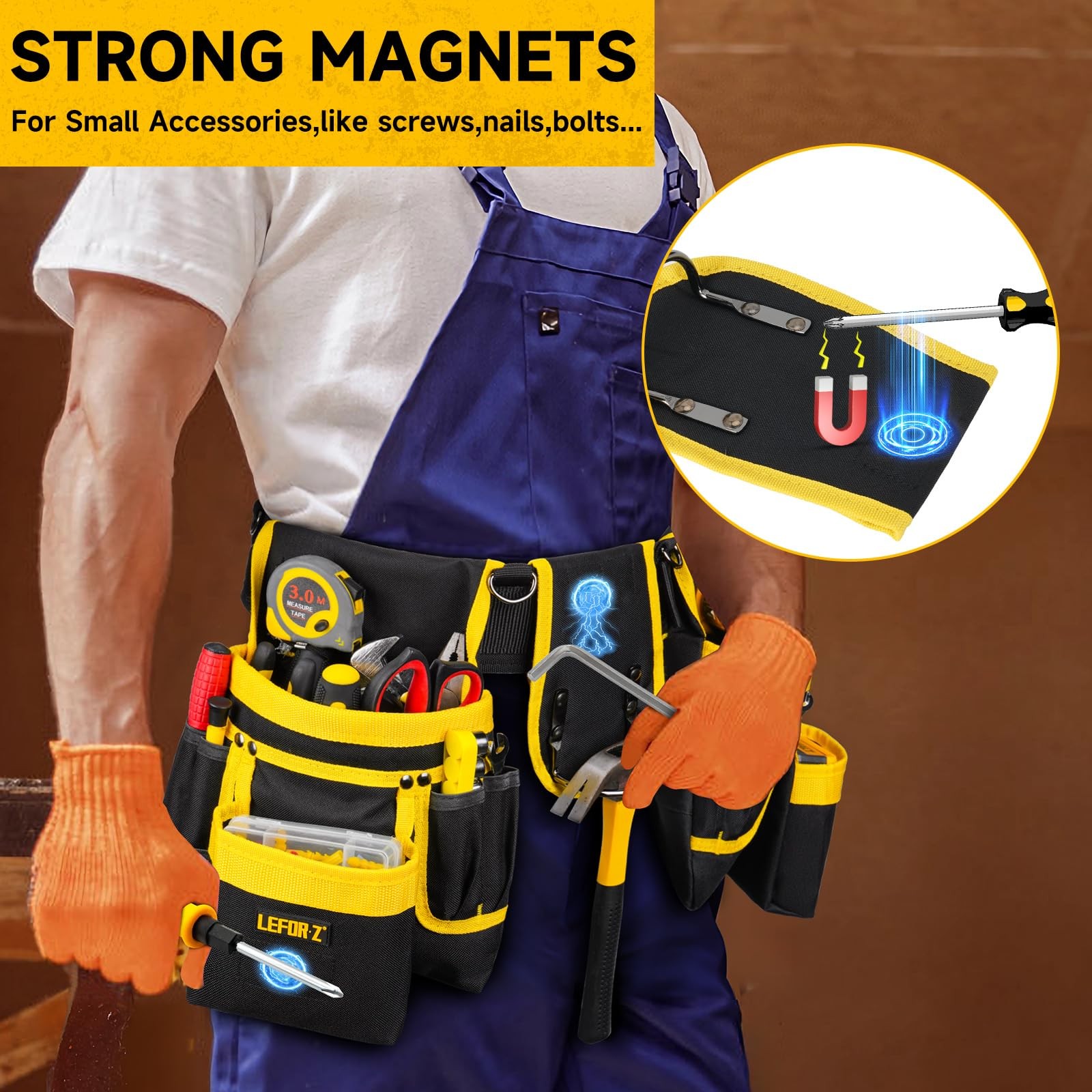 Tool Belt,Magnetic 27 Pockets with Magnet Pouch, Yellow & Black