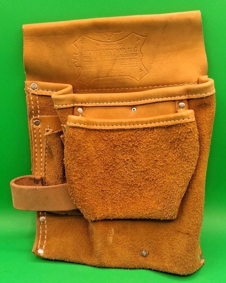 McGuire Nicholas Leather Carpenter Tool Pouch Nail Bag Belt Heavy Duty- TAN
