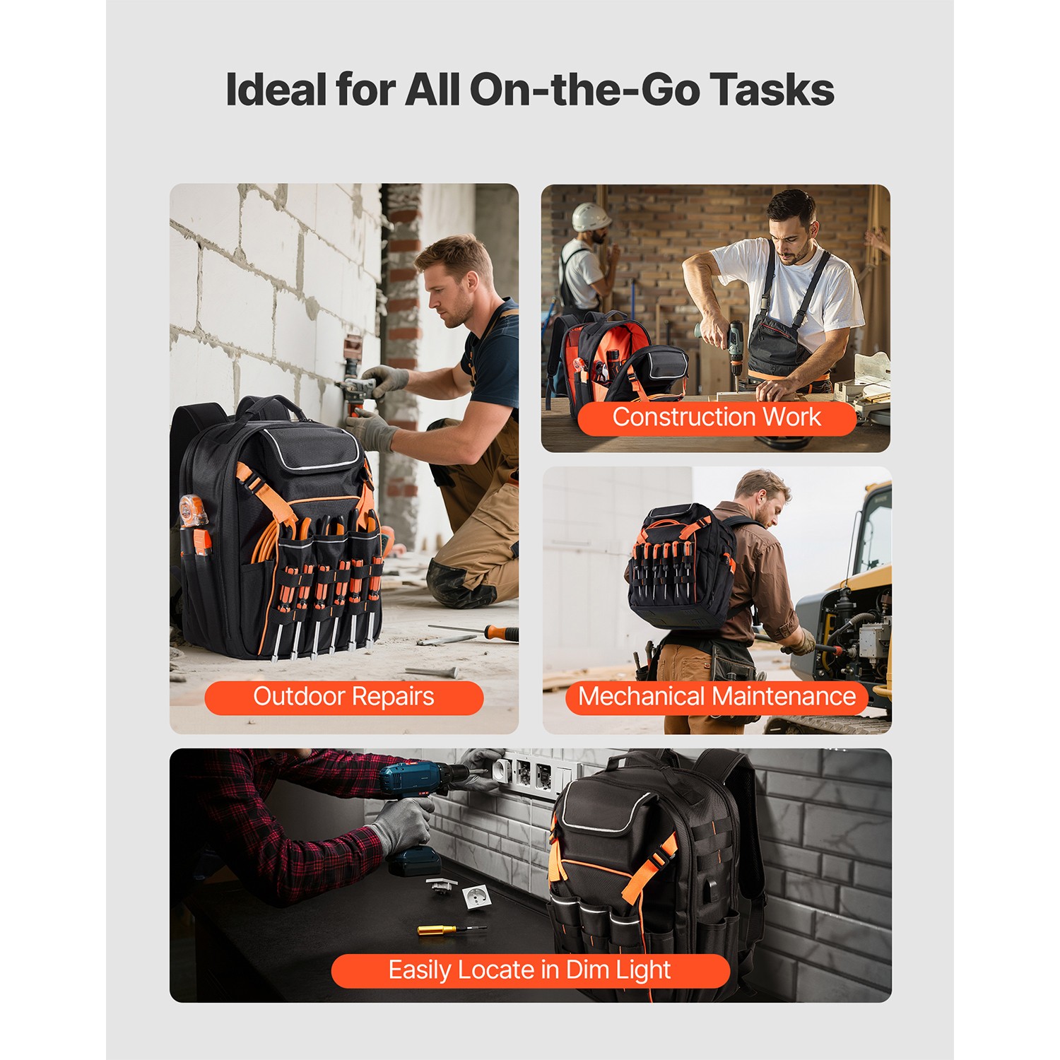 Tool Backpack 45 Pockets Tear-resistant Jobsite Backpack for Electrician