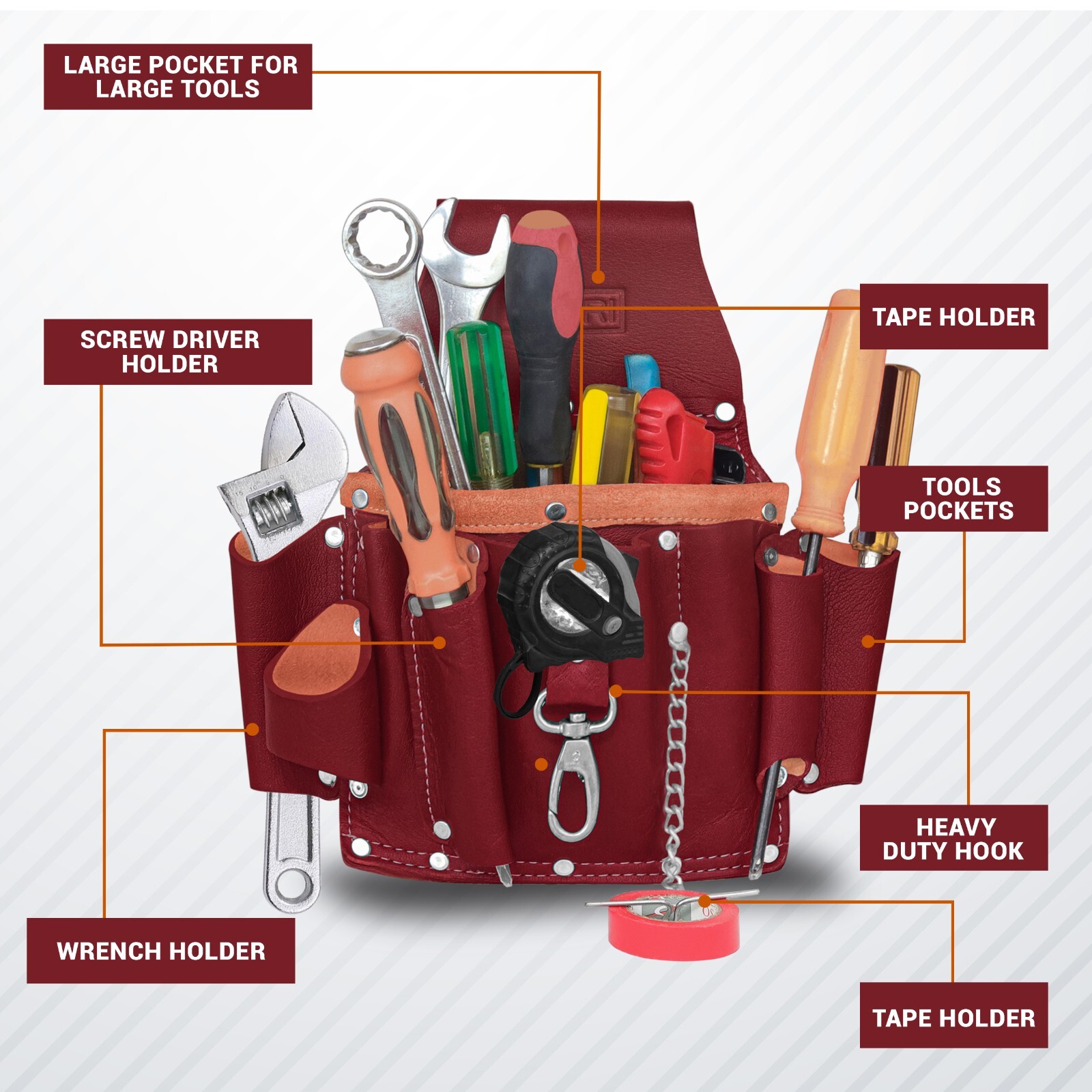FUERI Professional 5 Pocket Electrician Tool Pouch | Premium Leather Carpenter’