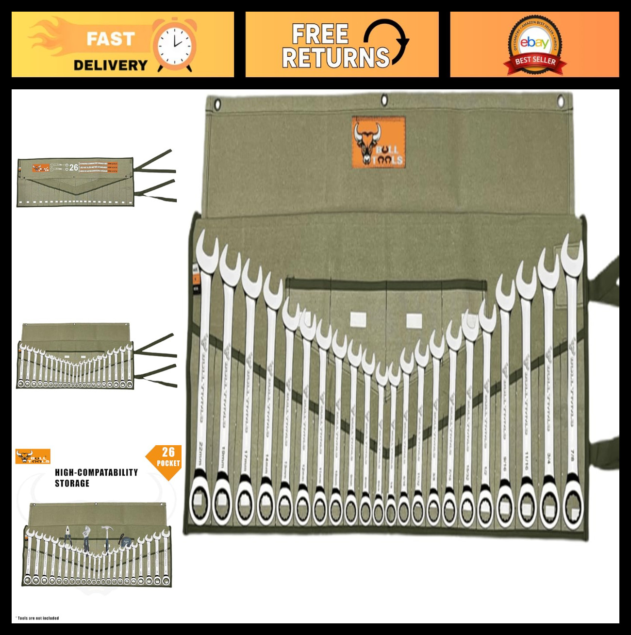 26 Pocket Tool Roll Organizer – Durable Cotton Canvas Pouch for Wrenches, Mechan