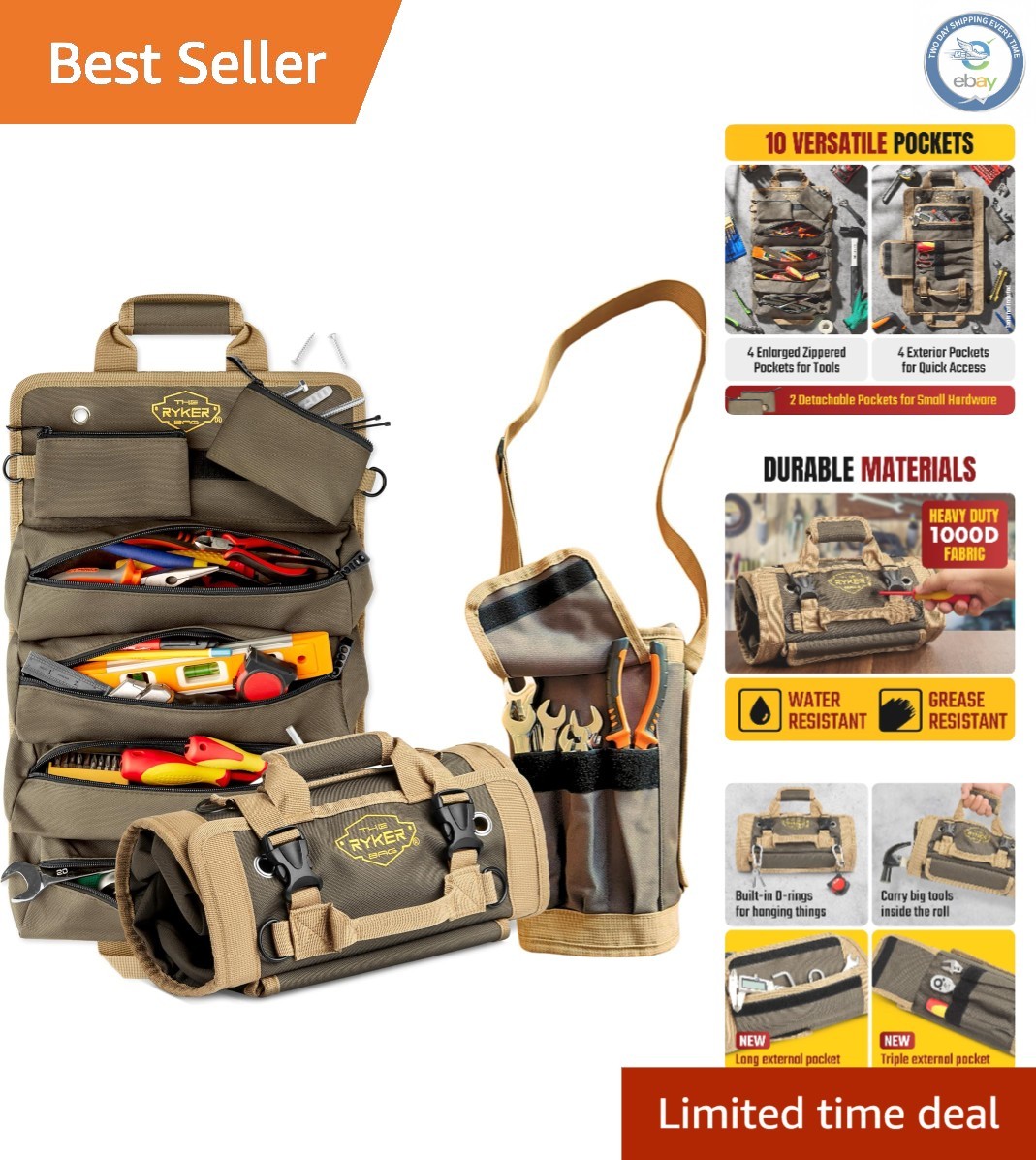 Compact Tool Roll Organizer with Detachable Pouches – Ideal for Dads & Mechanics