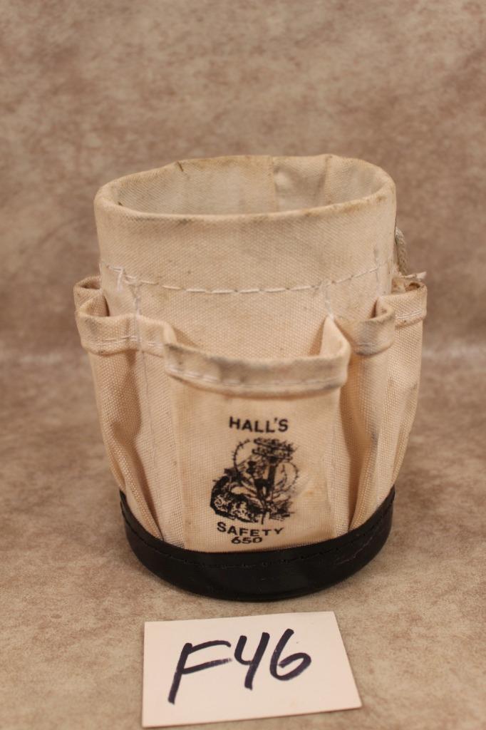F46 VINTAGE HALL’S SAFETY 650 MINIATURE WHITE CANVIS LINEMAN BAG 5 X 6 INCHES