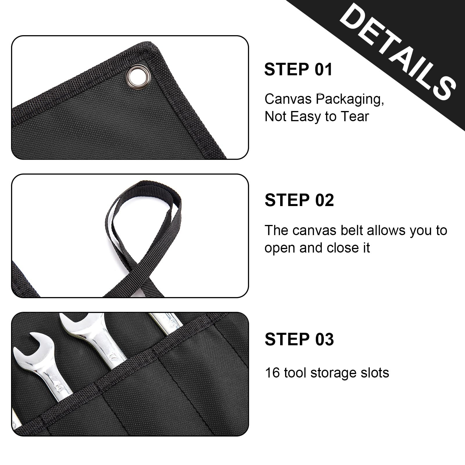 Wrench Organizer, Tool Roll Pouch,16-Pocket Waterproof Oxford Cloth Black