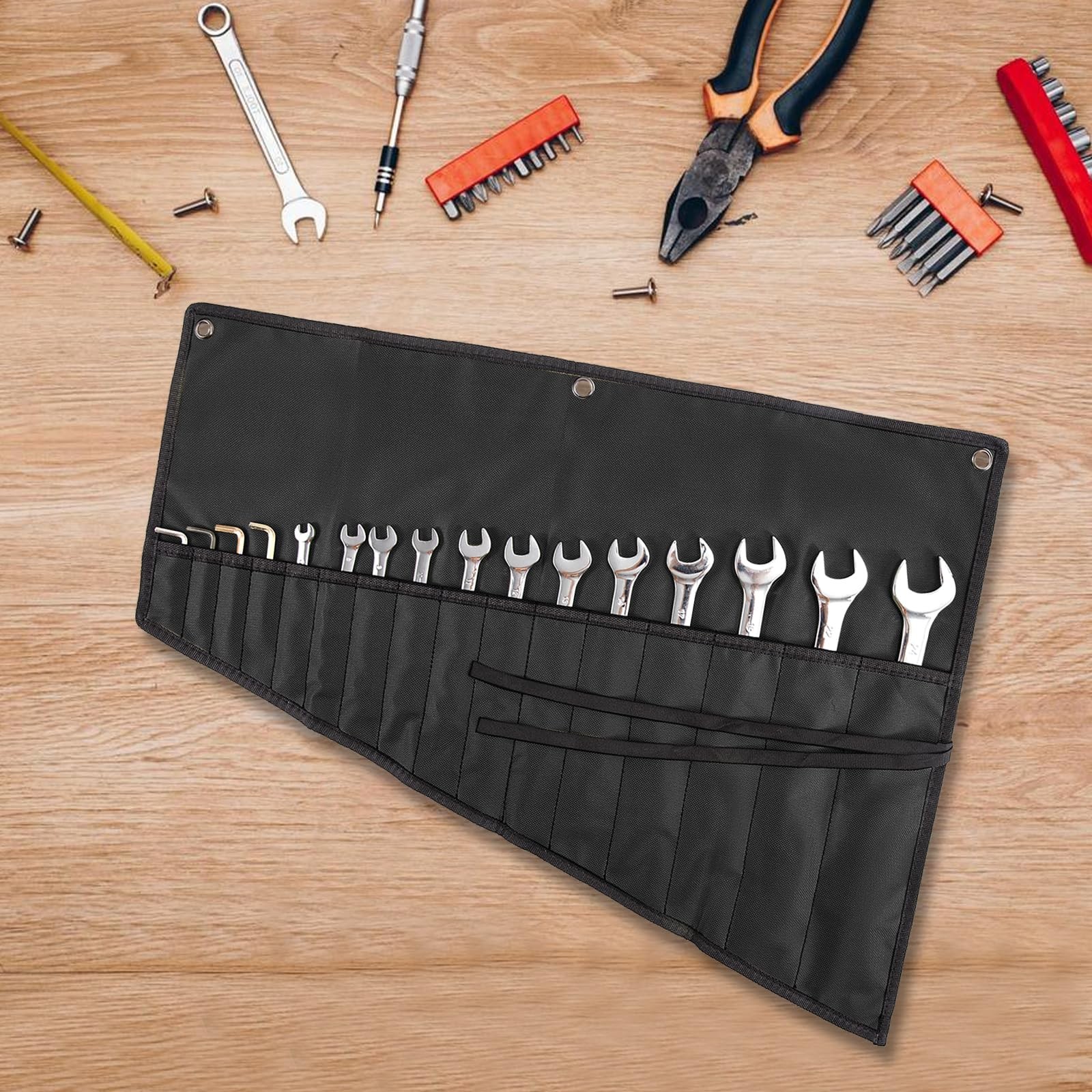 Wrench Organizer, Tool Roll Pouch,16-Pocket Waterproof Oxford Cloth Black