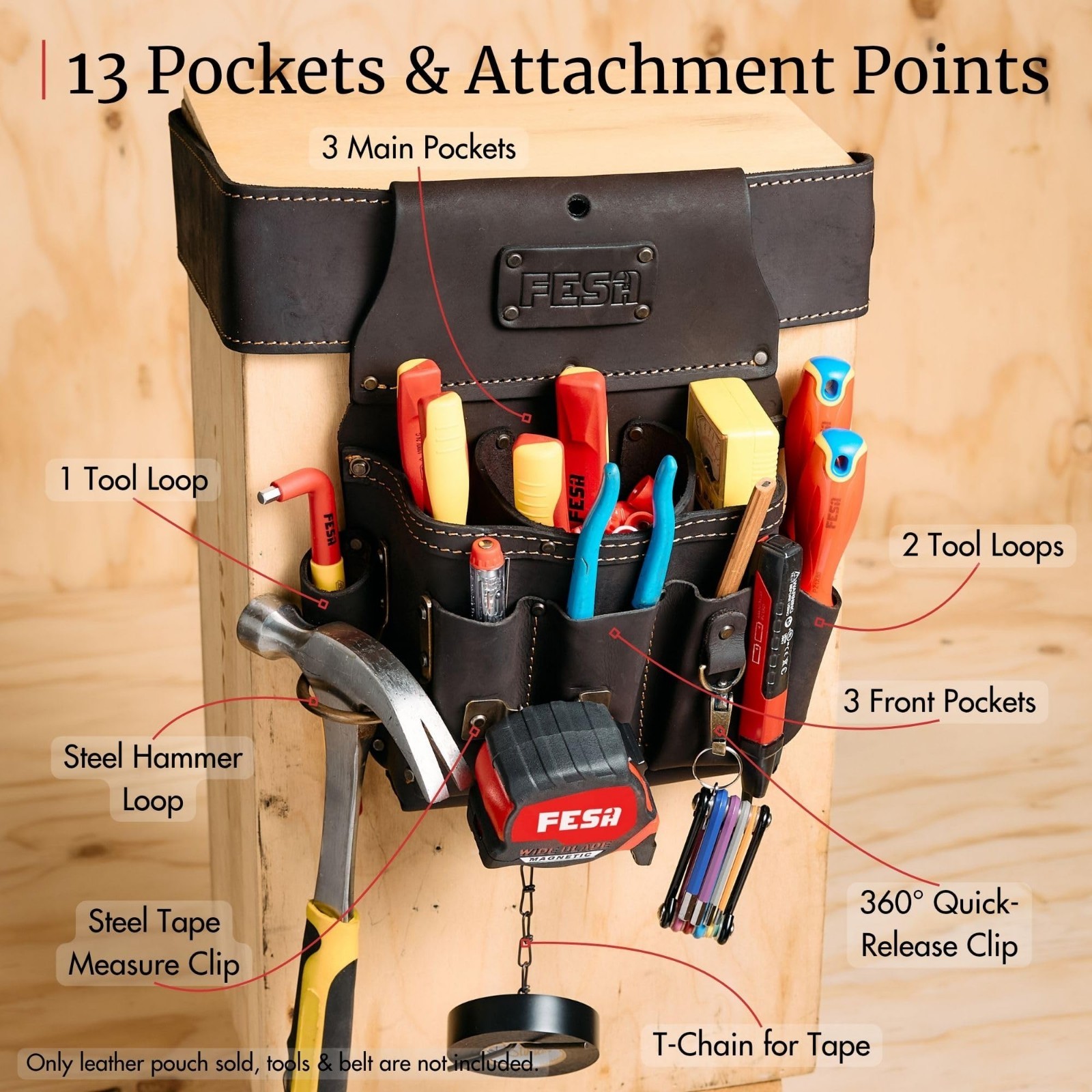 13-in-1 Leather Electrician Tool Pouch w/Hammer Loop, Tape Measure Clip & 6 Pock