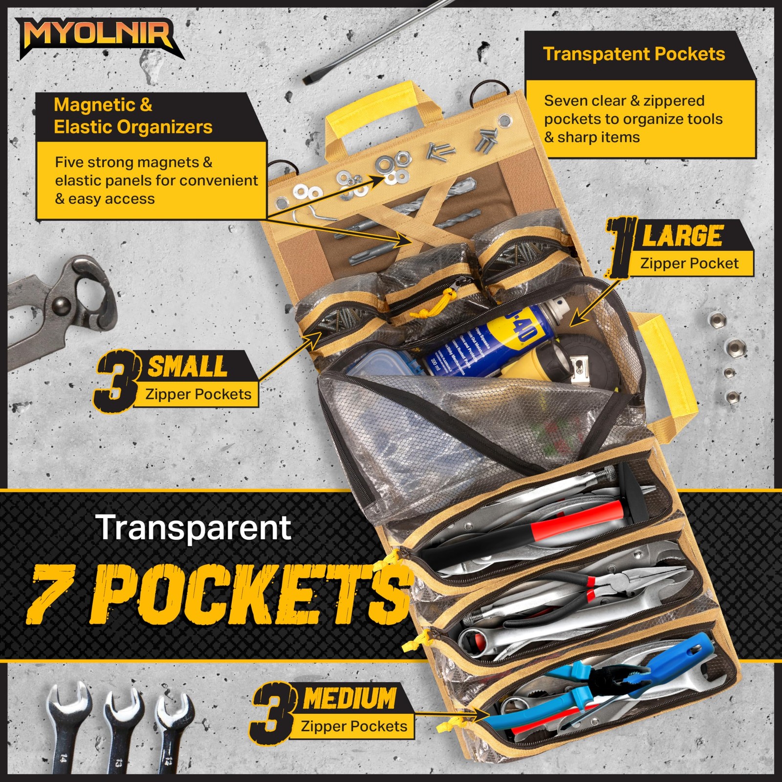 Myolnir Roll Up Tool Bag Organizer With 12.6 x 3.3 x 6.7 inches, Khaki