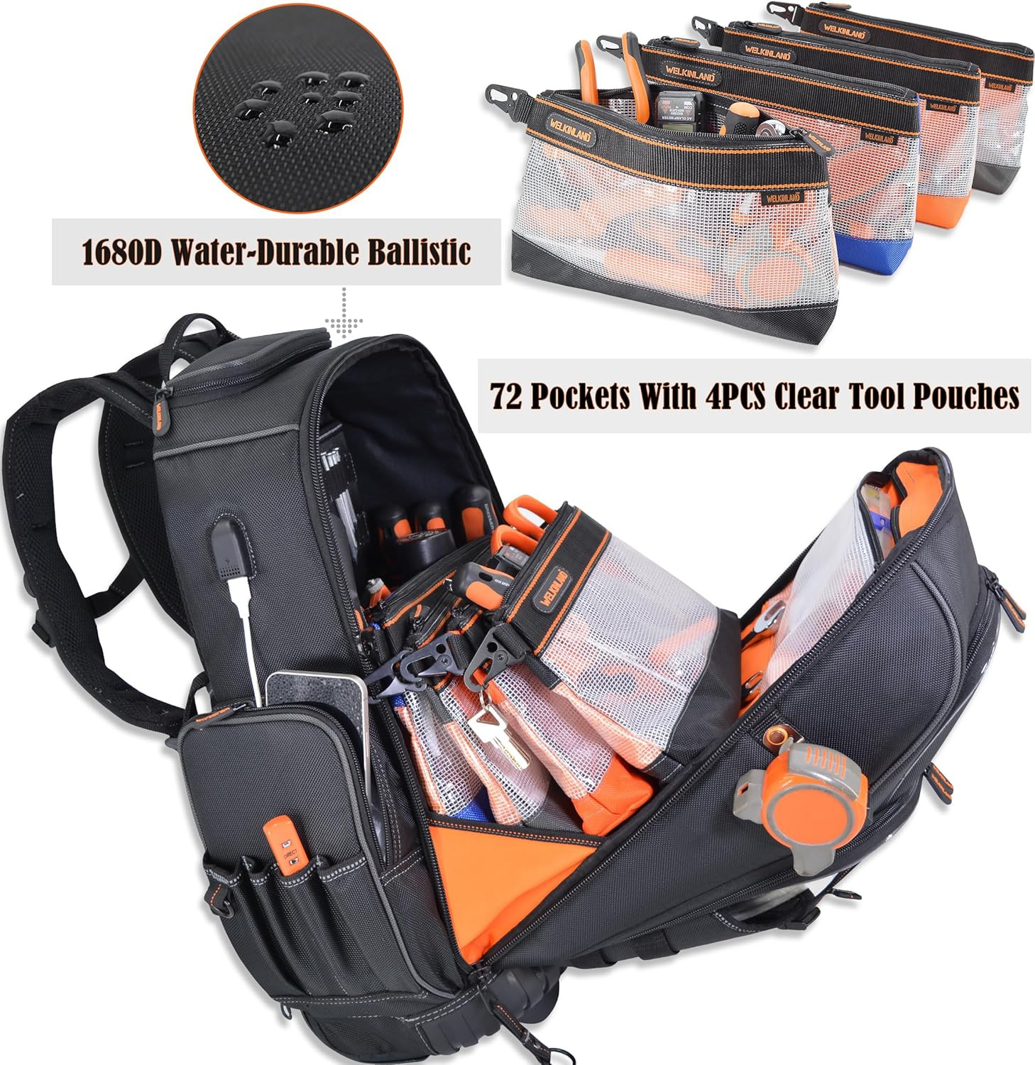 Rolling Tool Backpack with 4 Clear Pouches – Convenient & Spacious!