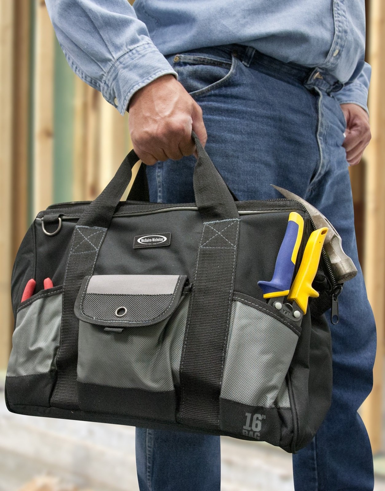 McGuire-Nicholas 16″ Builder’s Tool Bag With Interior 16, Black and Silver