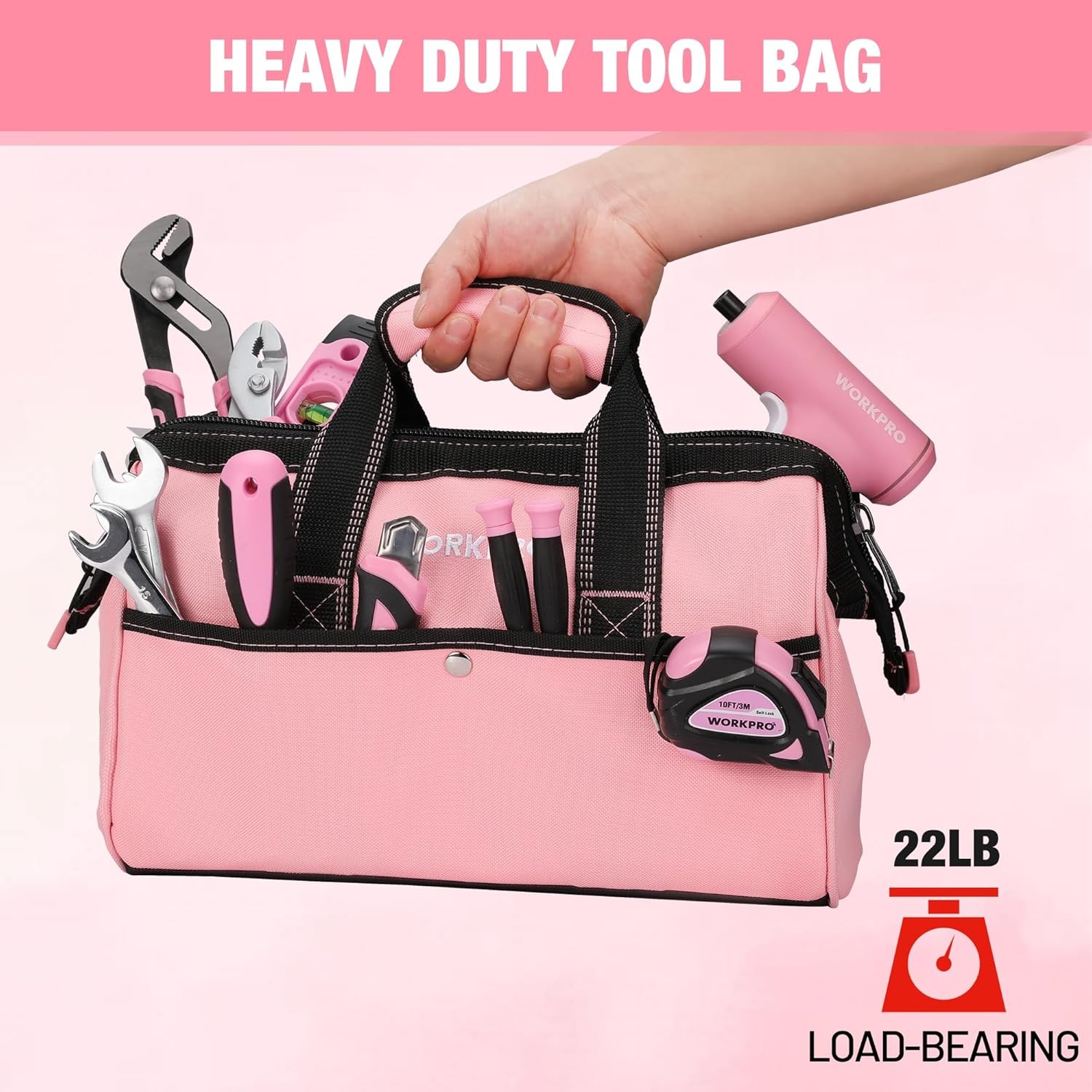 WORKPRO 13-Inch Tool Bag Pink Soft Cloth Tool Storage Bags with Inside Pockets