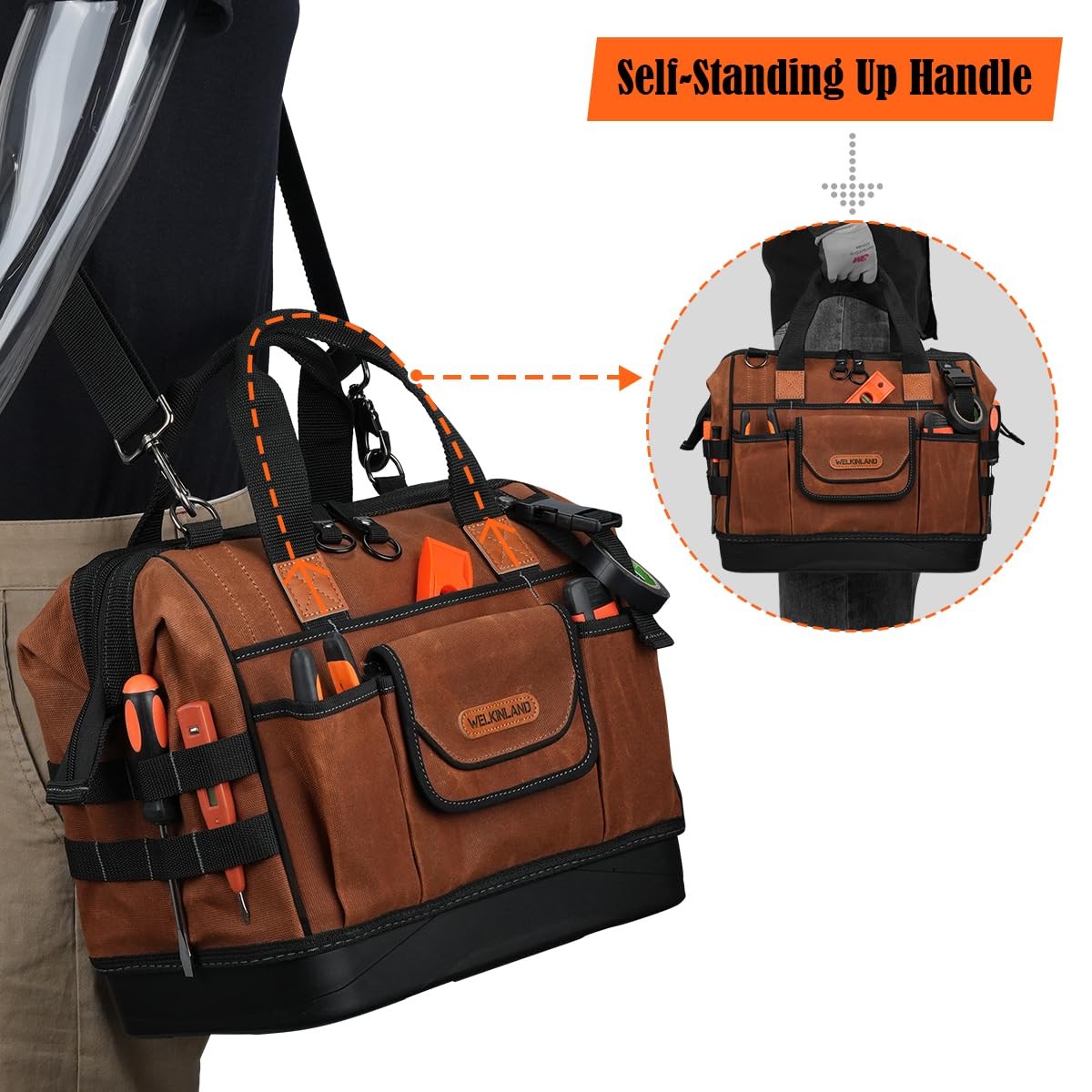 22-Pockets Hard Bottom Tool Bag, 14-Inch 14 Inches, Rust & Black