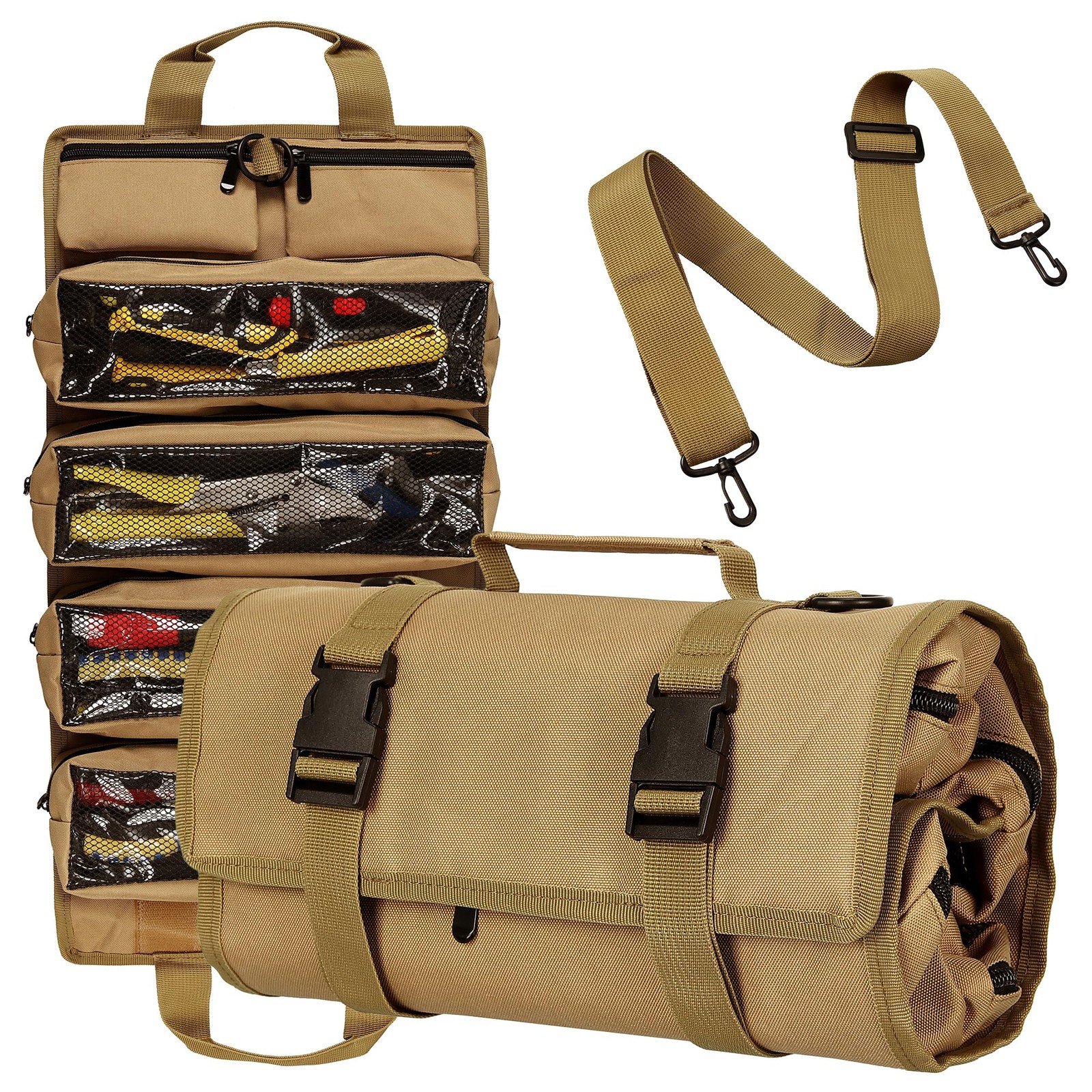 Tool Bag Roll Up Carrying Heavy Duty Organizer Foldable Empty 2 Pouches Khaki