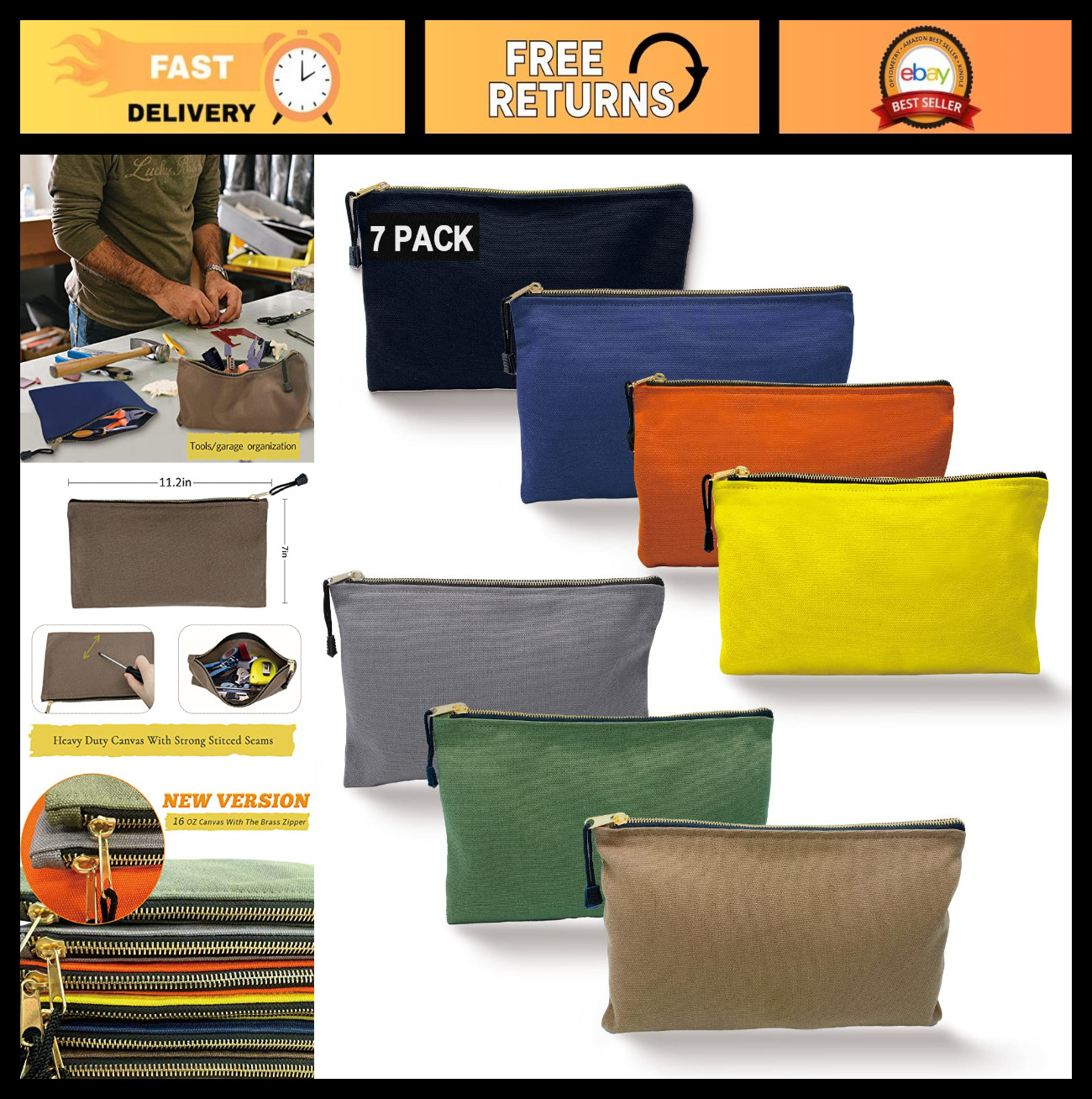 Heavy Duty Canvas Tool Bag Organizer – 7 Assorted Zipper Utility Pouches, 12.5″