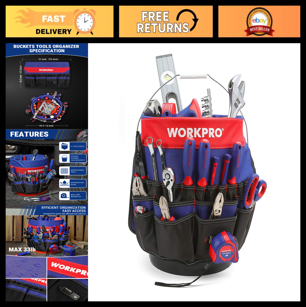 51 Pocket Bucket Tool Organizer for 3.5-5 Gallon Buckets – Ideal for Garden, Con