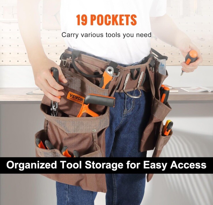 VEVOR 19 Pockets Tool Belt Pouch Bag Adjusts 32” to 54”Polyester Heavy Duty