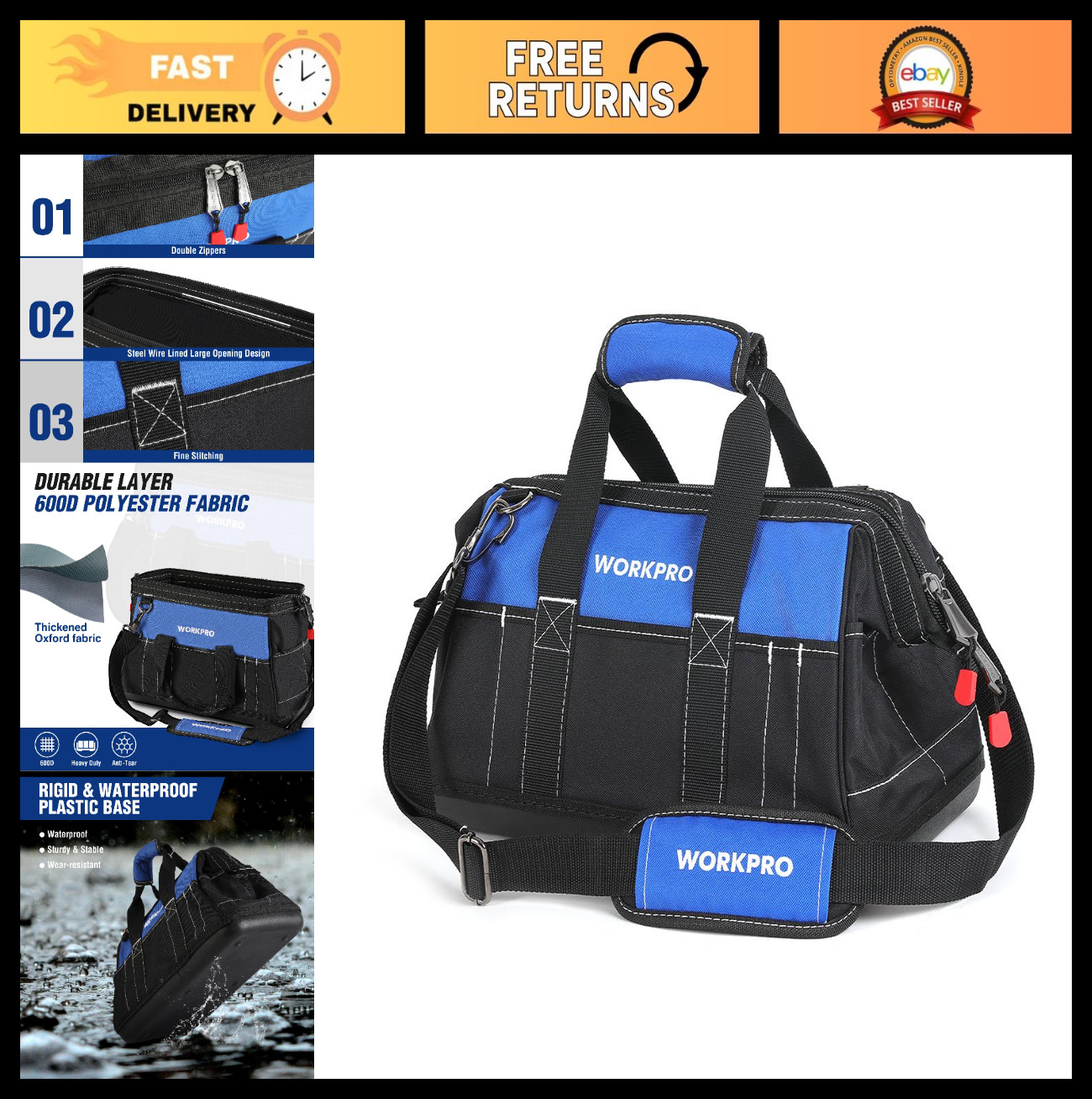 16″ Wide Mouth Tool Bag with Waterproof Molded Base, Heavy-Duty Storage Organize