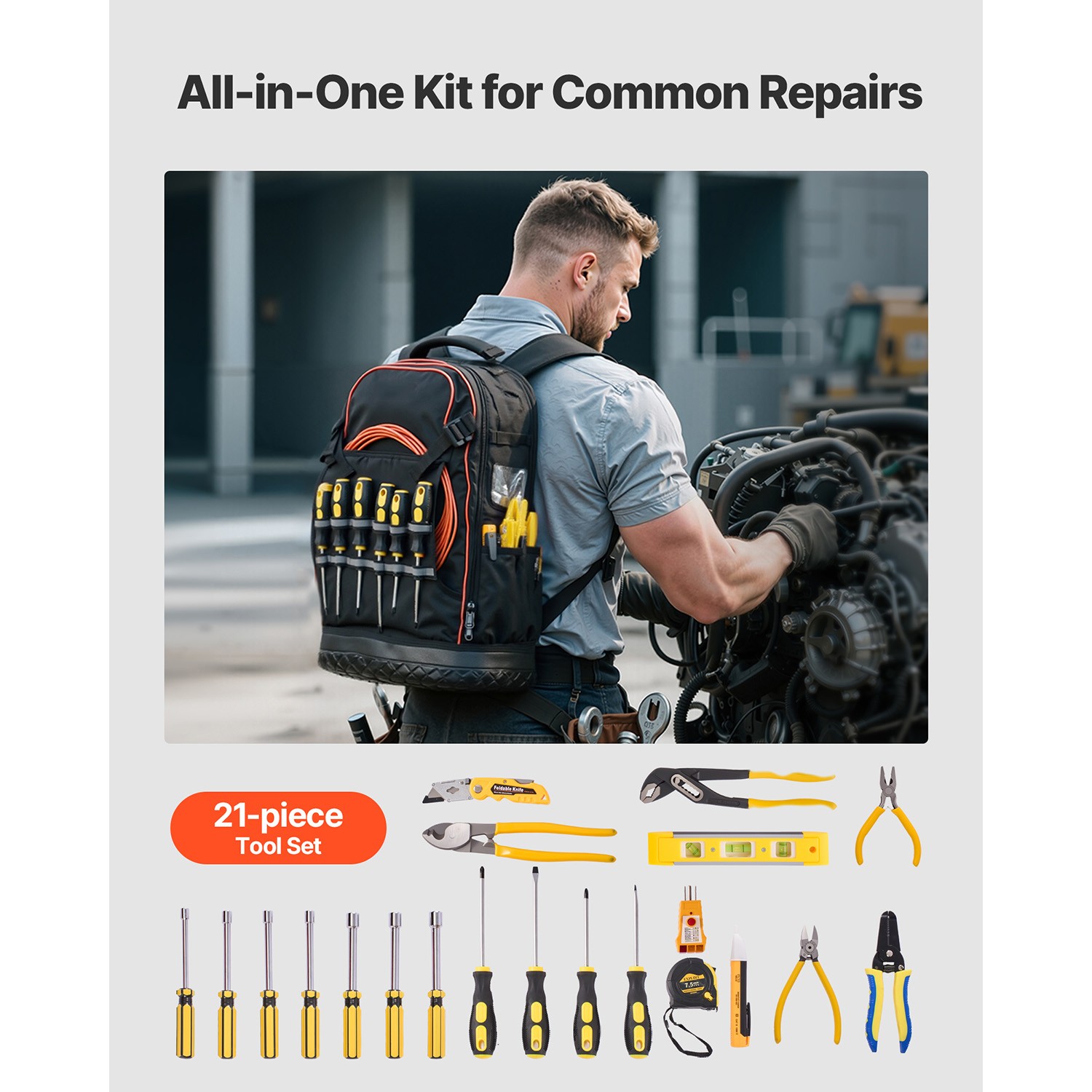 Tool Backpack with Tools 65 Pockets Tear-resistant Jobsite Backpack