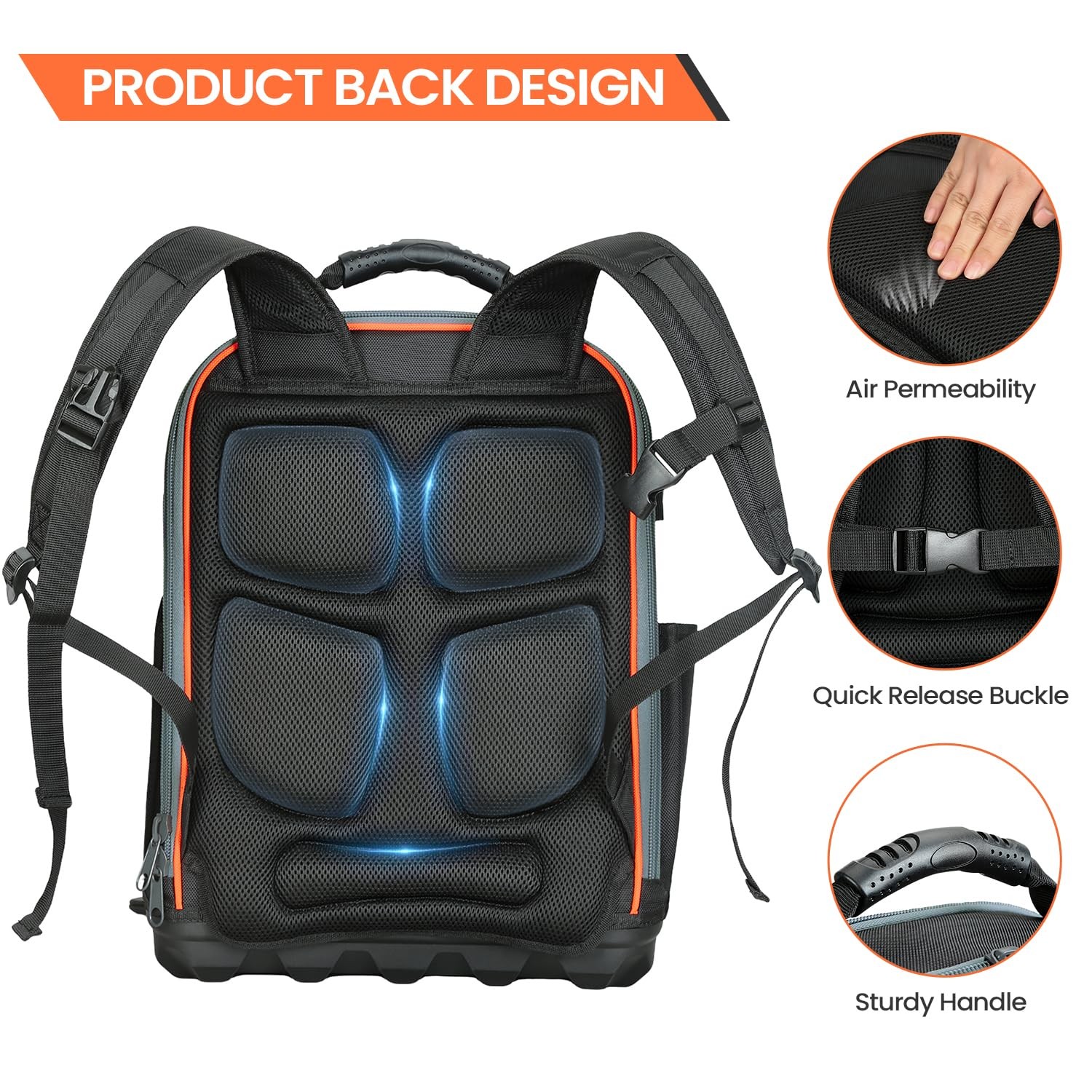Tool Backpack, 35 Pockets, 18.5 x 13.7 x 7.8 Inches, Black and Orange, Water-…