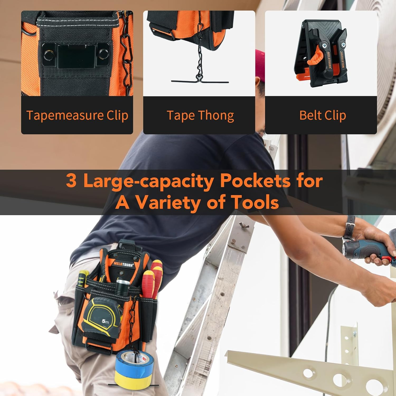 Small Electrician Tool Pouch With Belt Clip Attachment – 9 Pockets Tradesman Bag