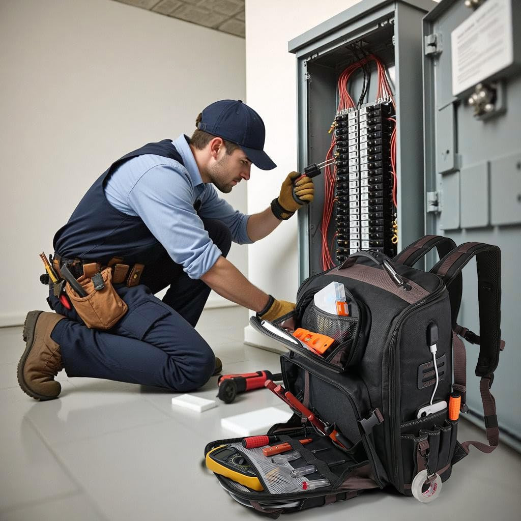 Heavy Duty 46-Pocket Waterproof Electrician Backpack for HVAC & Mechanics