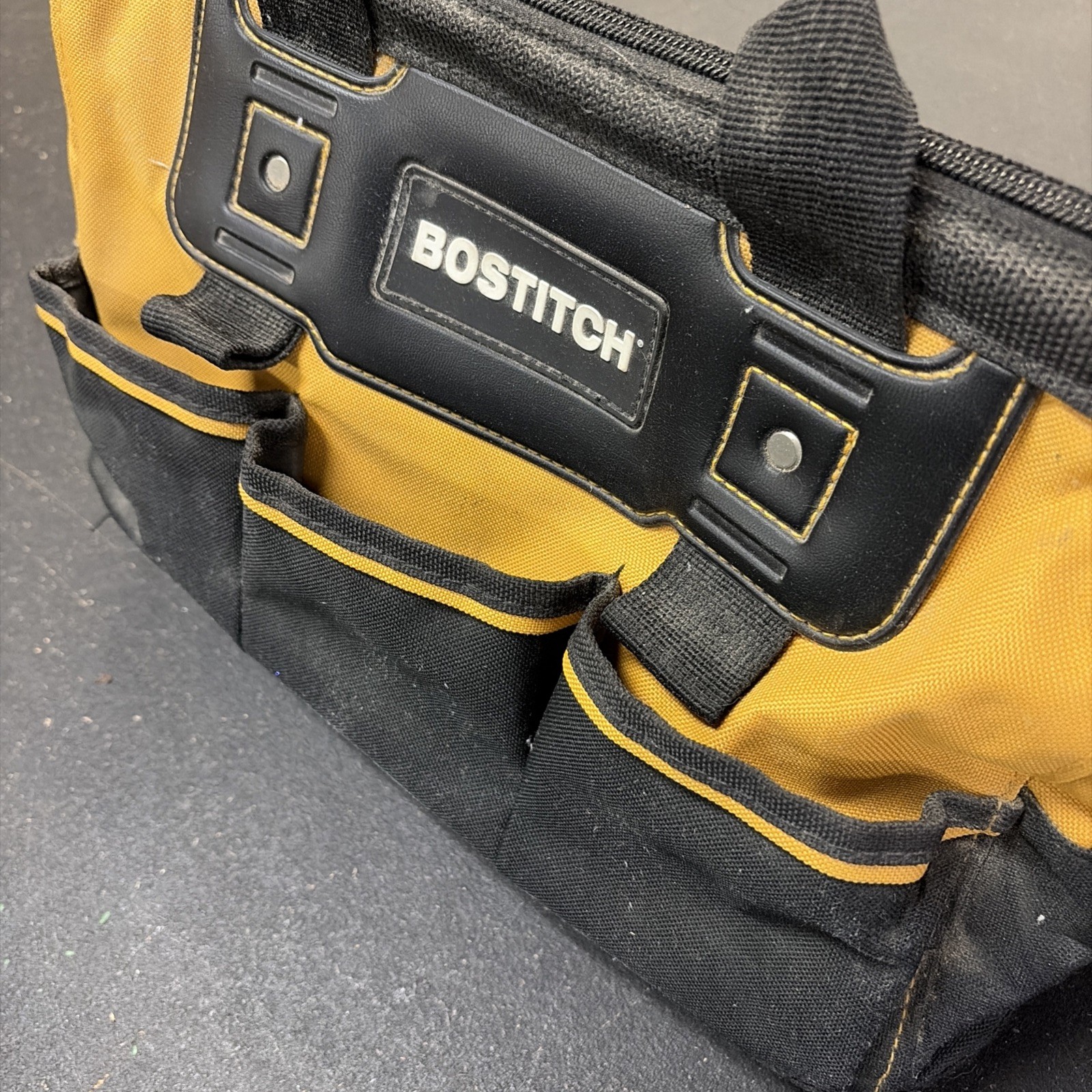 Bostitch Tool Bag Black Yellow Hard Bottom Multi Pocket Zippered 14 Inch Carry