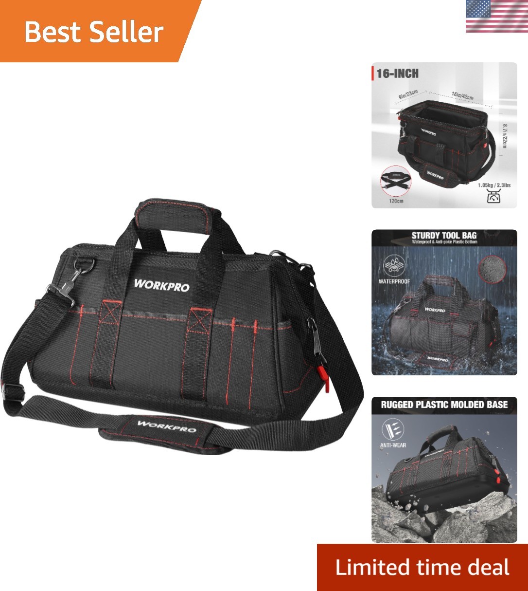 Heavy-Duty 16-Inch Tool Storage Bag with Rubber Base & Efficient Organization