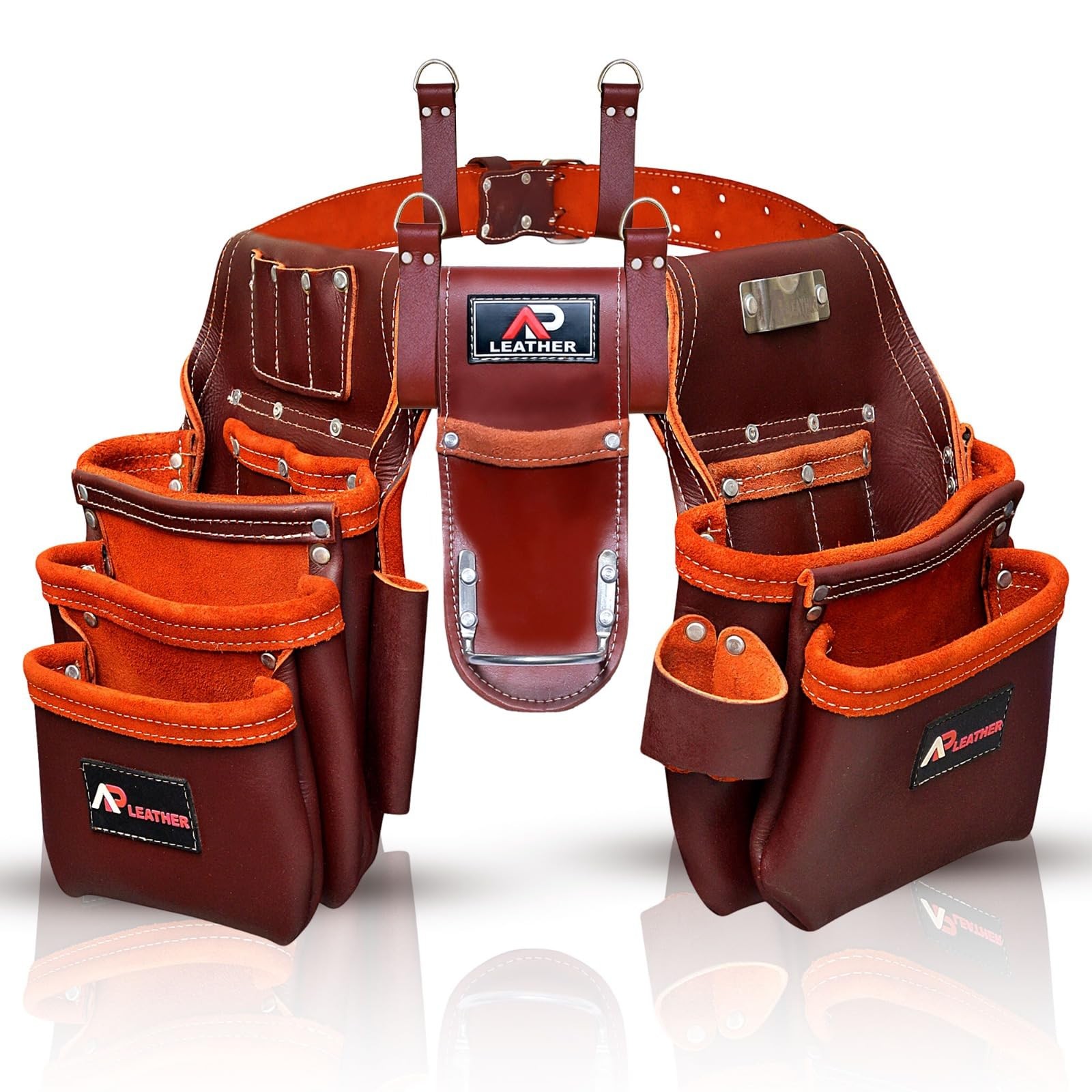 ApLeather Pro302 Premium Oil Tanned Leather Tool Belt 29 Pockets Maroon XL