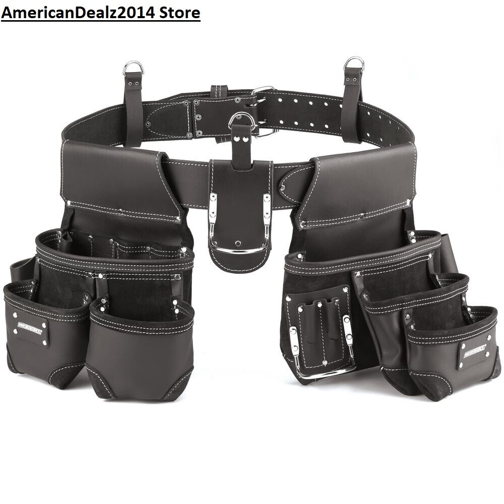 11 Pocket Oil Tanned Premium Leather Carpenter Tool Belt D Ring Suspension Rig