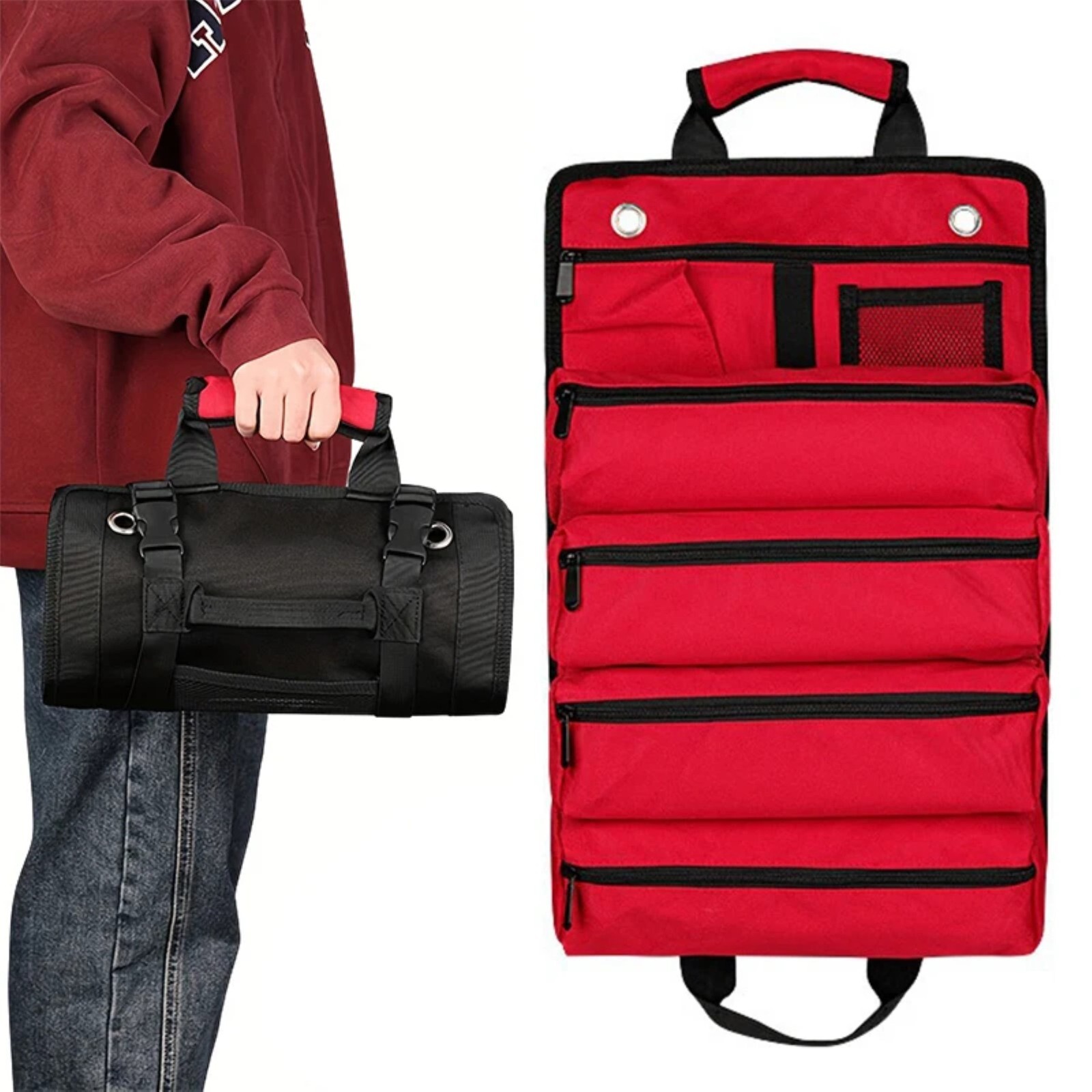 Multi-Purpose Tool Roll Up Bag 5 Pocket Wrench Pouch Canvas Hanging Organizer