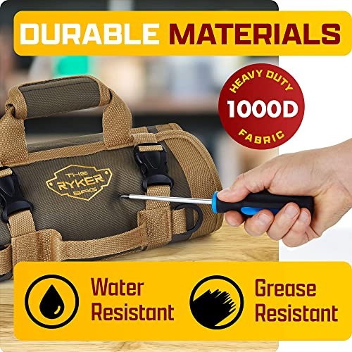 The Ryker Roll Up Tool Bag Organizer Gifts for Dad. Heavy Duty Motorcycle Khaki