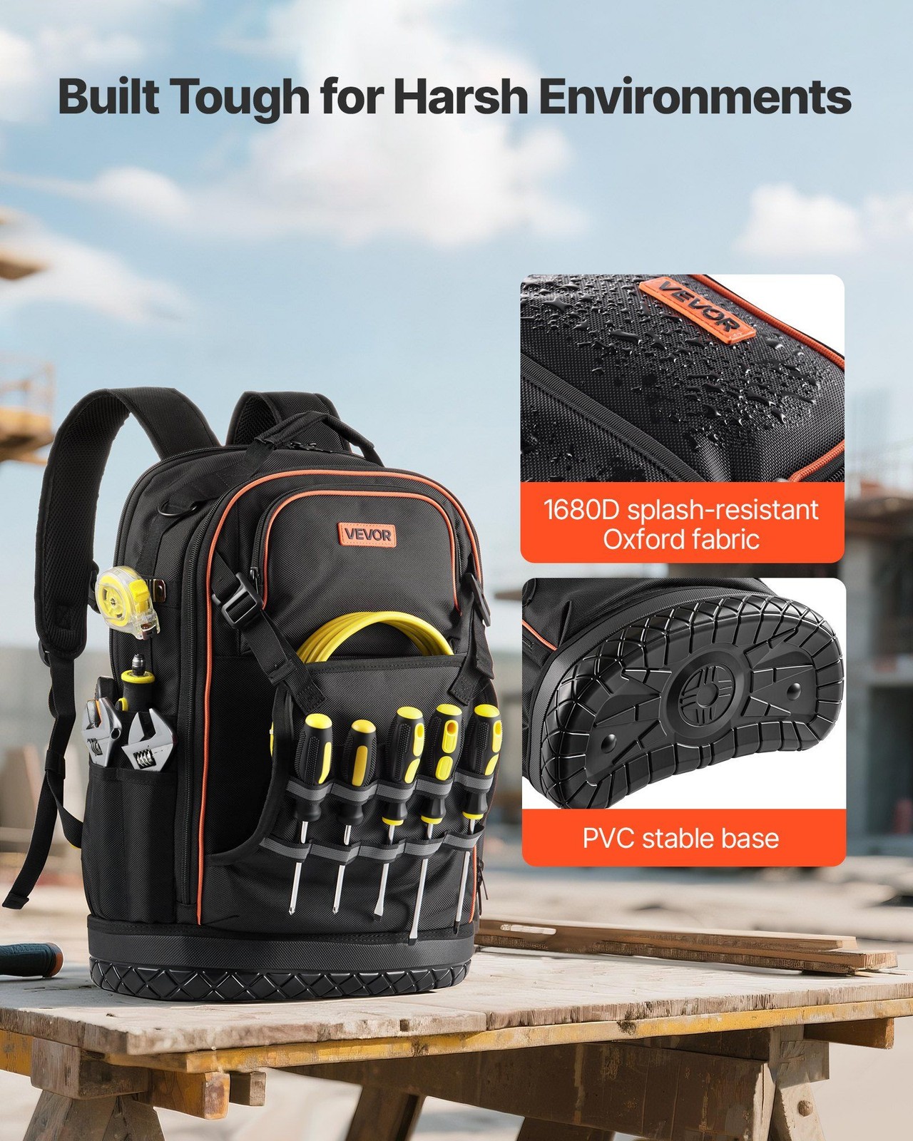 65-Pocket Professional Tool Backpack, Durable Fabric, Jobsite-Rated