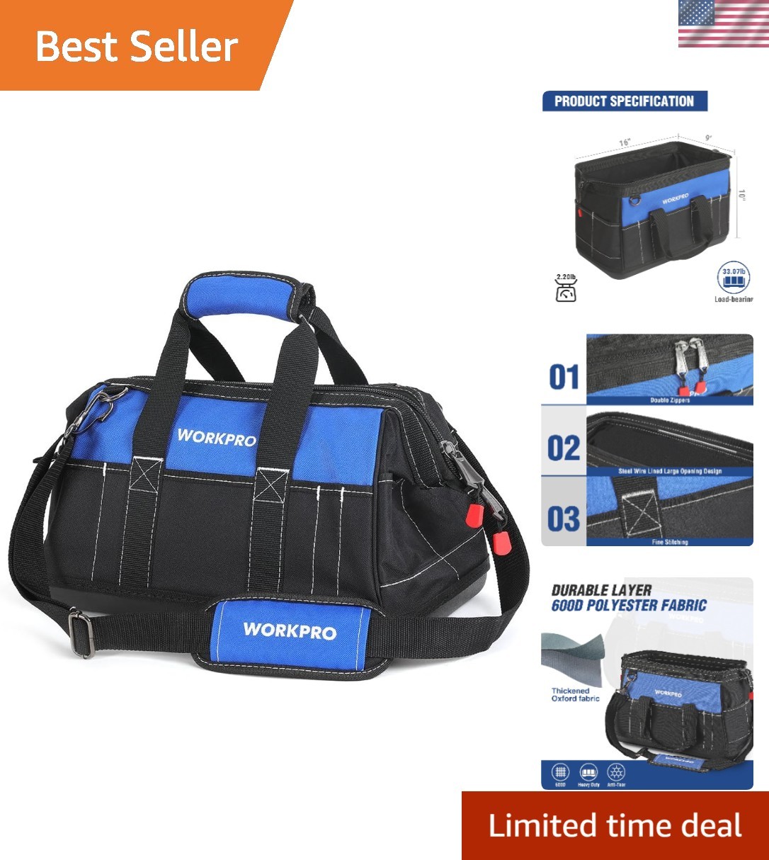 16-Inch Heavy-Duty Waterproof Tool Bag with Adjustable Strap for Easy Carrying