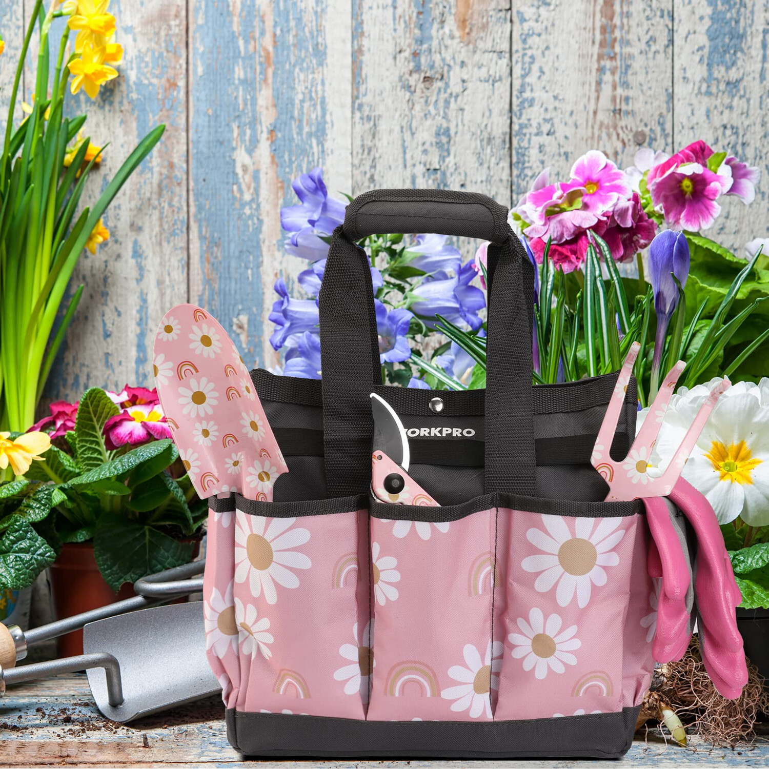 WORKPRO Pink/White Garden Tool Bag Heavy Duty Oxford Garden Tool Storage Bag NEW