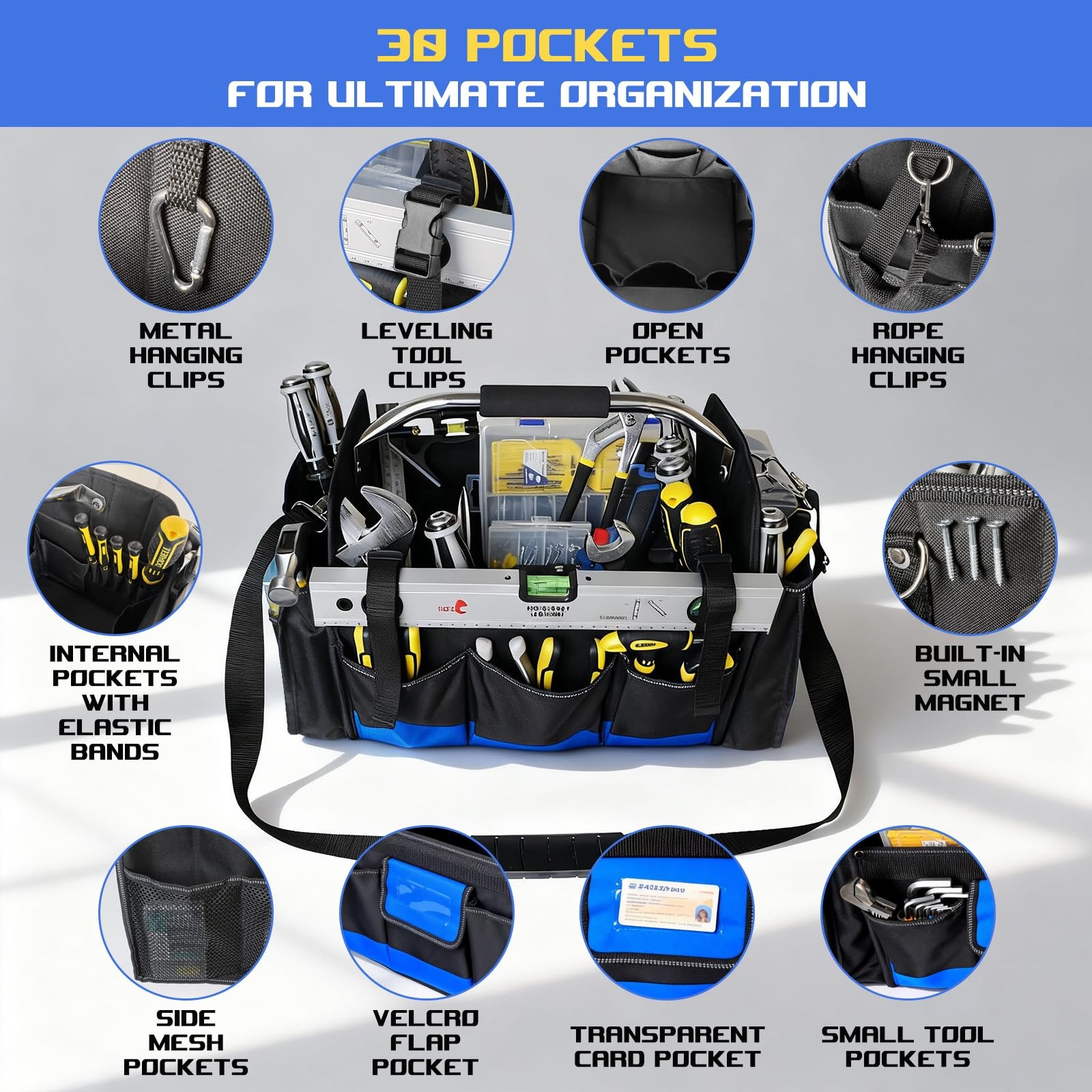 18 Inch Open Top Tool Bag, Tool Bags for Men with 30 Pockets, 1680D Waterproo…