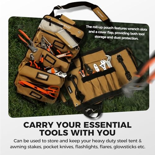 Roll Up Tool Bag, 600D Oxford PVC Coated Tool Organizer with 11 Roll-Up Khaki