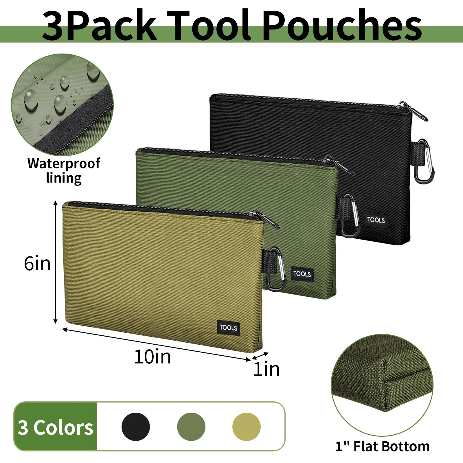 3 Pcs Zipper Tool Pouches, 10 Inch Flat Bottom Utility Bags with Carabiner